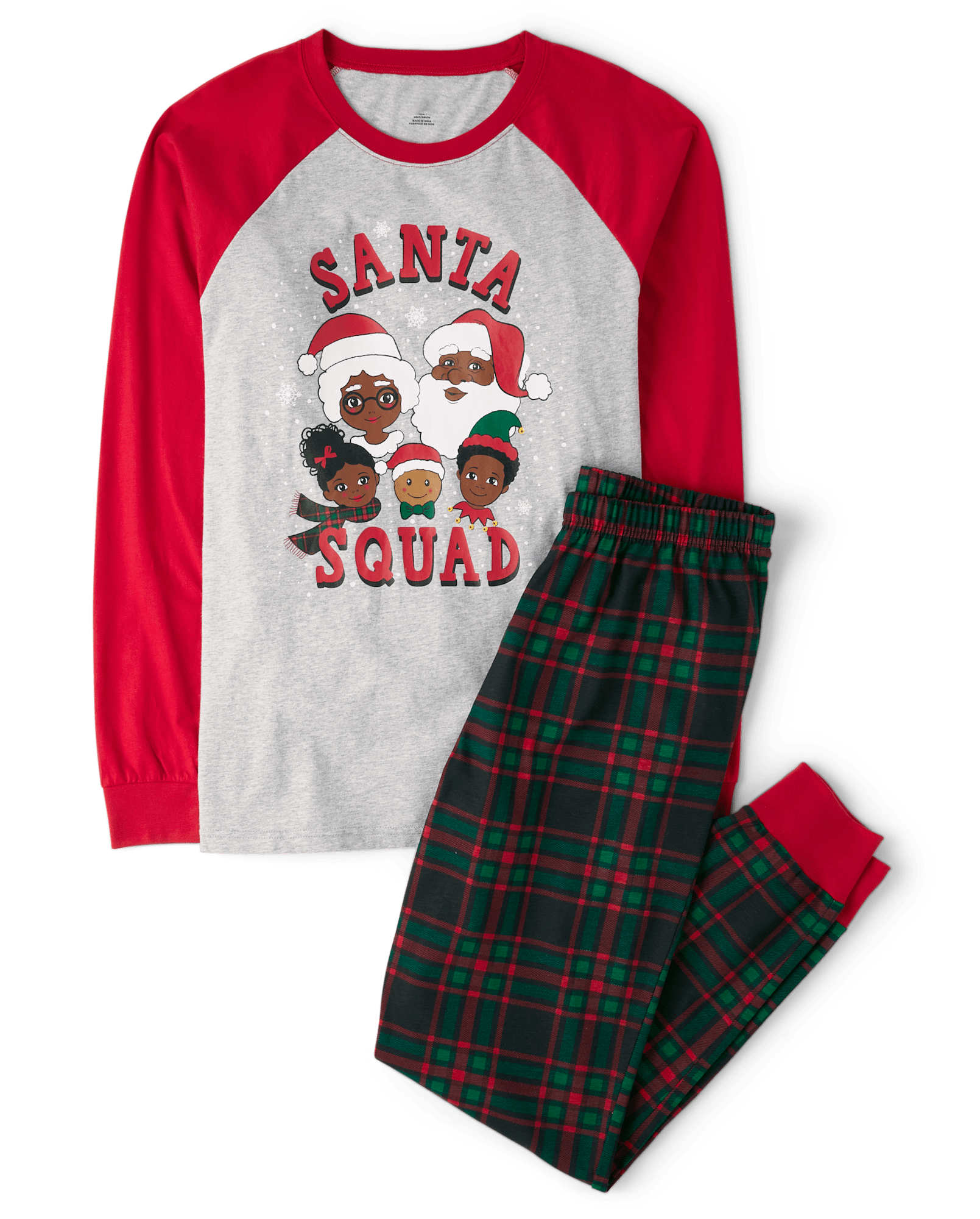 Adult Matching Family Christmas Long Raglan Sleeve Santa Squad Cotton Pajamas