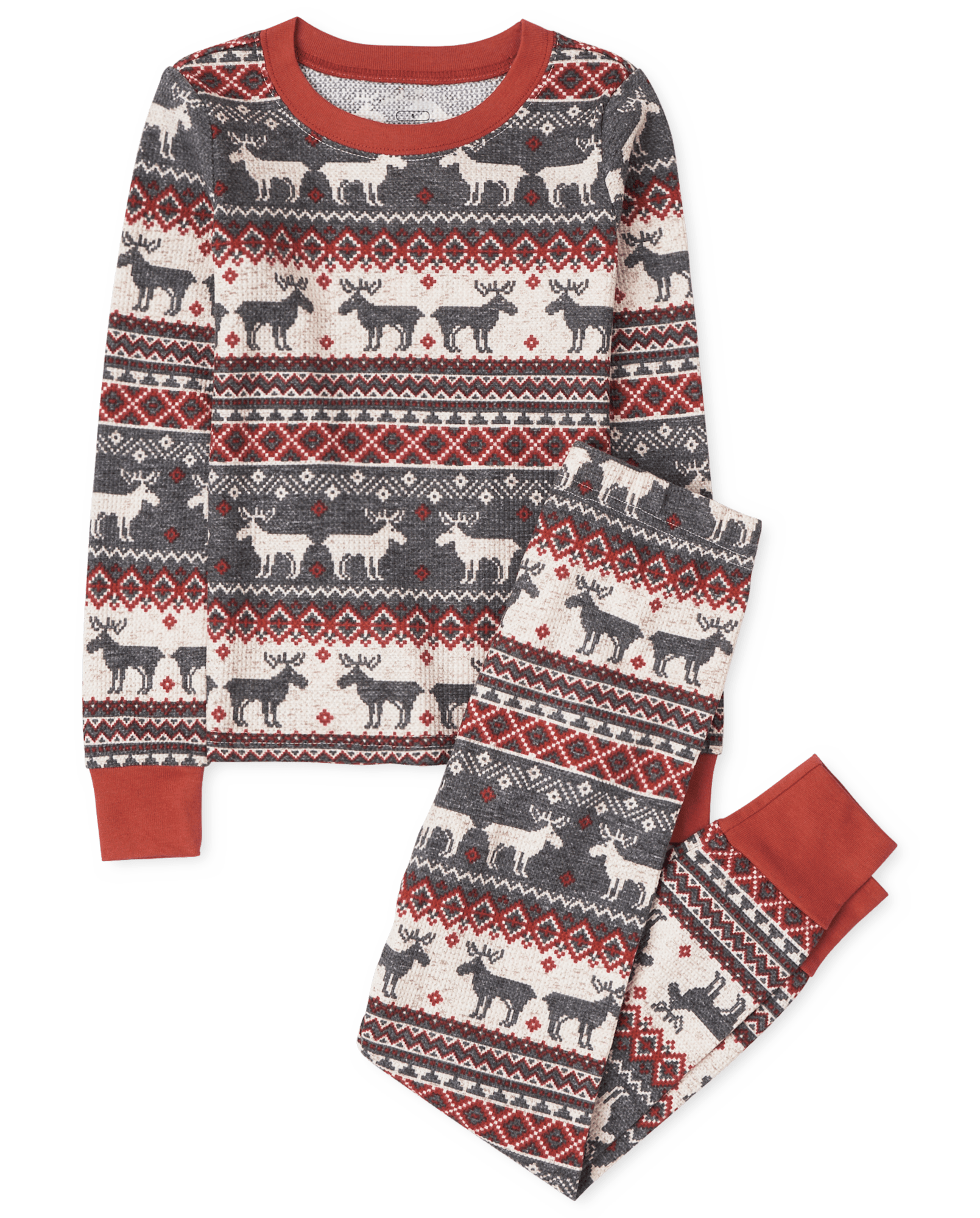 Kids Matching Family Christmas Long Sleeve Thermal Reindeer Fairisle Print Snug Fit Cotton Pajamas