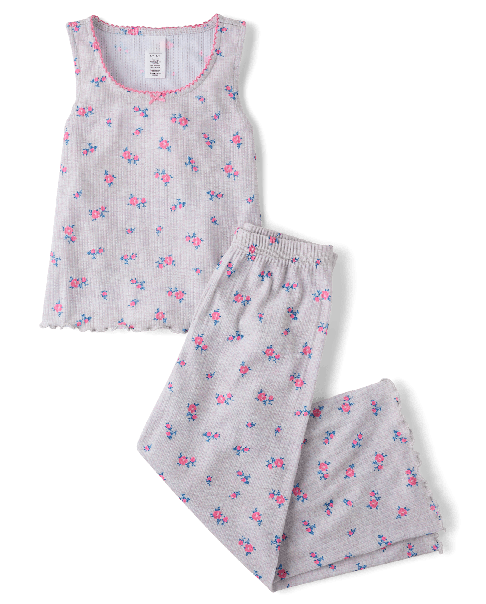 Girls Sleeveless Floral Lettuce Pointelle Pajamas