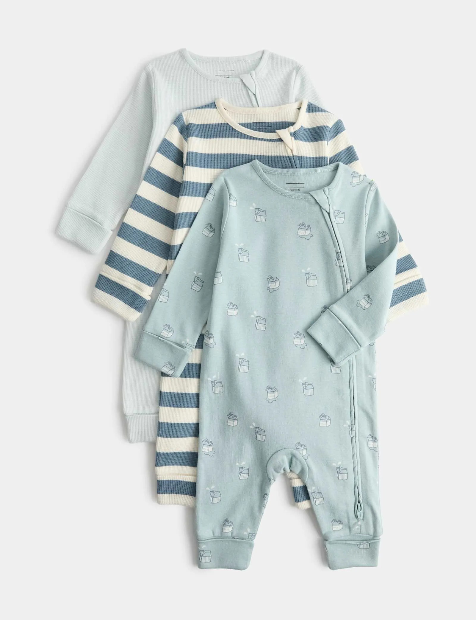 3 Pack Pure Cotton Milk & Striped Sleepsuits (7lbs-3 Yrs)