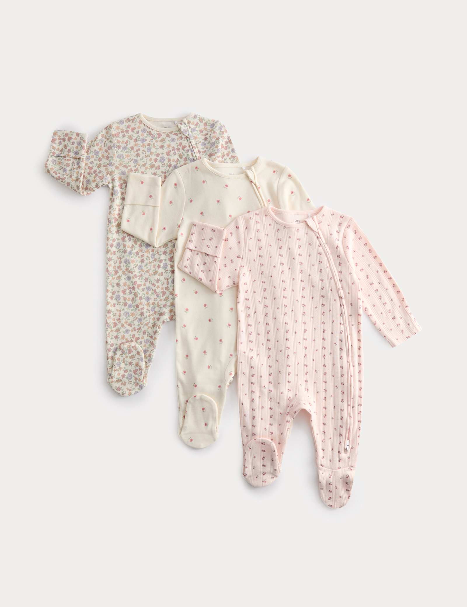 3 Pack Pure Cotton Floral Sleepsuits (6½lbs-3 Yrs) - PALE BLUSH