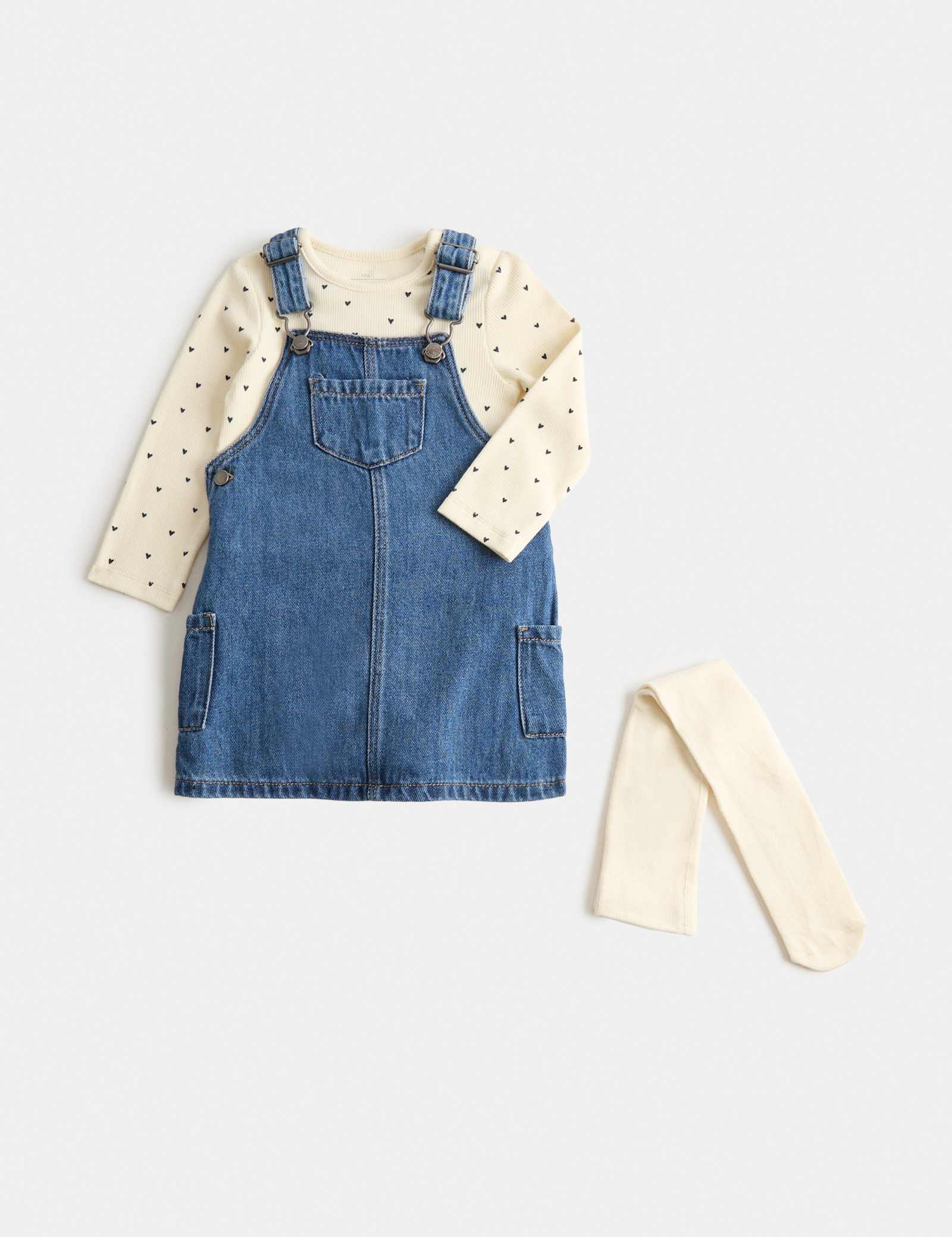 3 Piece Cotton Denim Pinny Outfit with Tights (0-3 Yrs) - DENIM