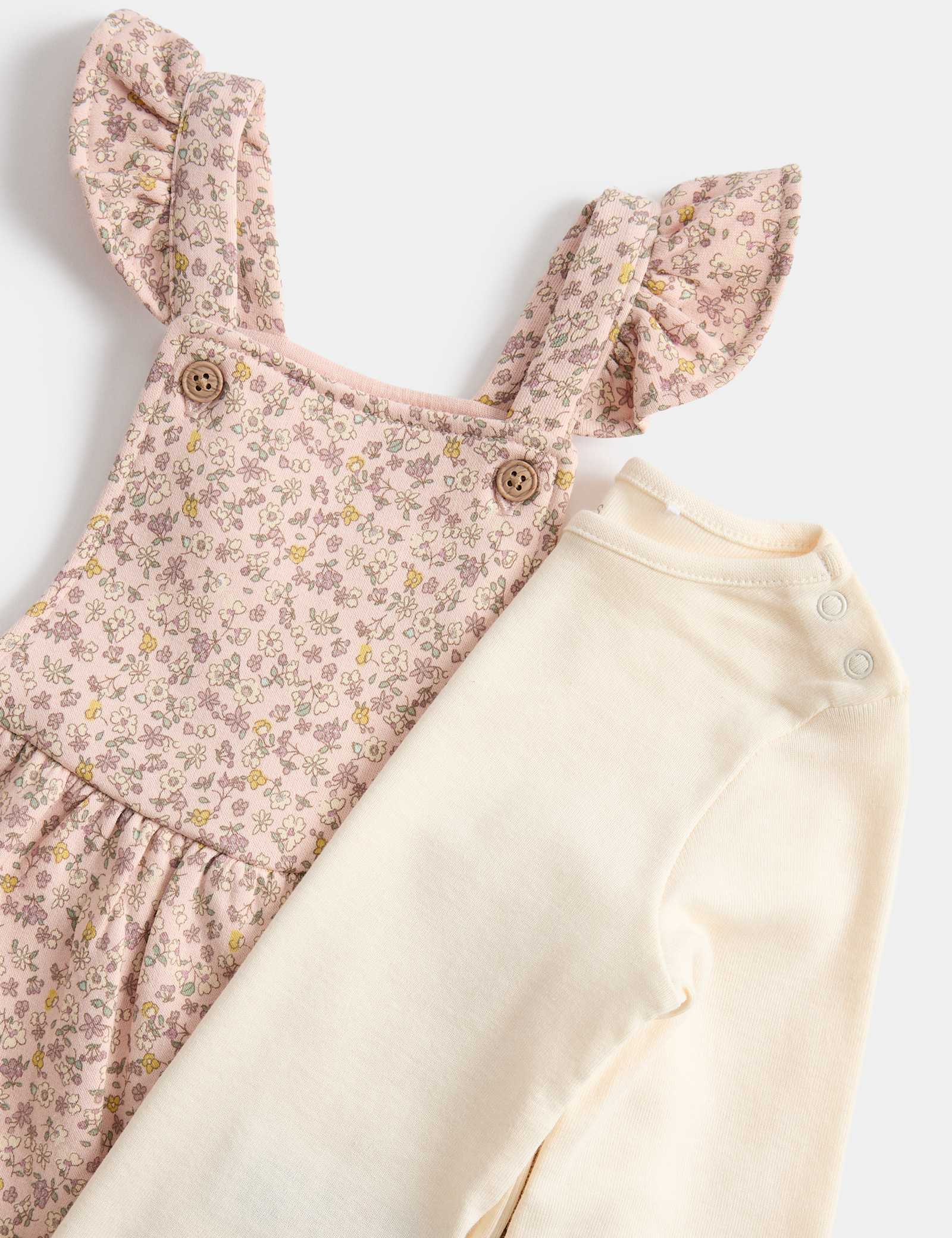 2 Piece Cotton Rich Ditsy Floral Dungarees (0-3 Yrs) - PINK