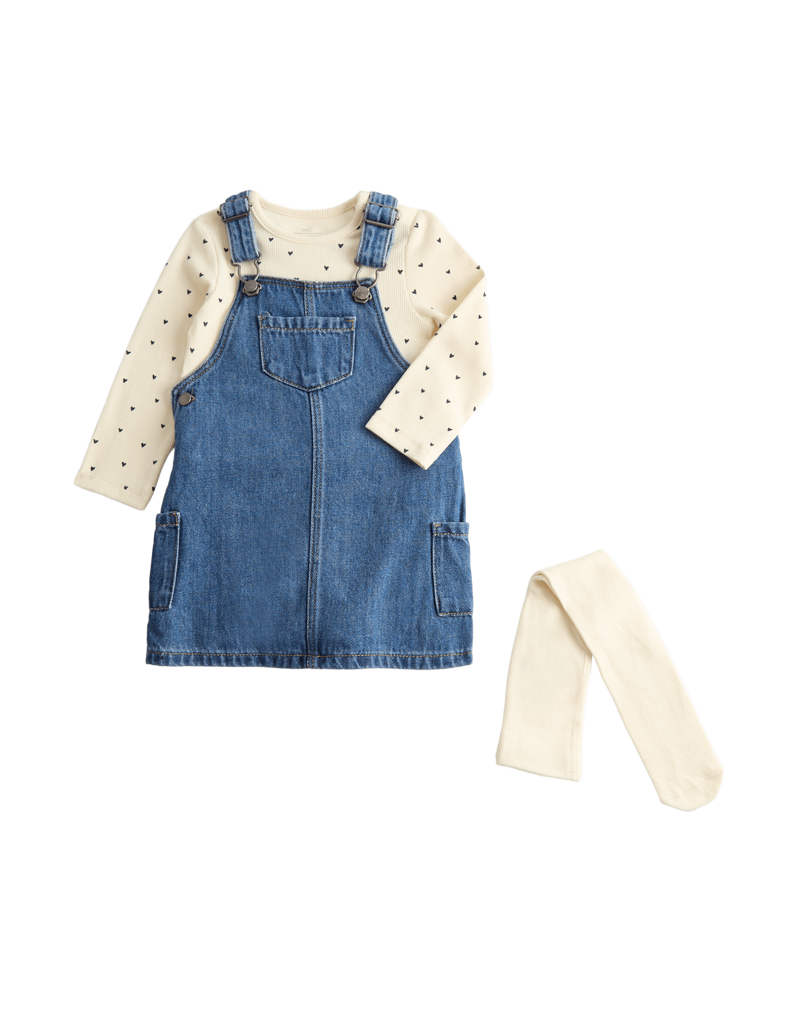 3 Piece Cotton Denim Pinny Outfit with Tights (0-3 Yrs) - DENIM