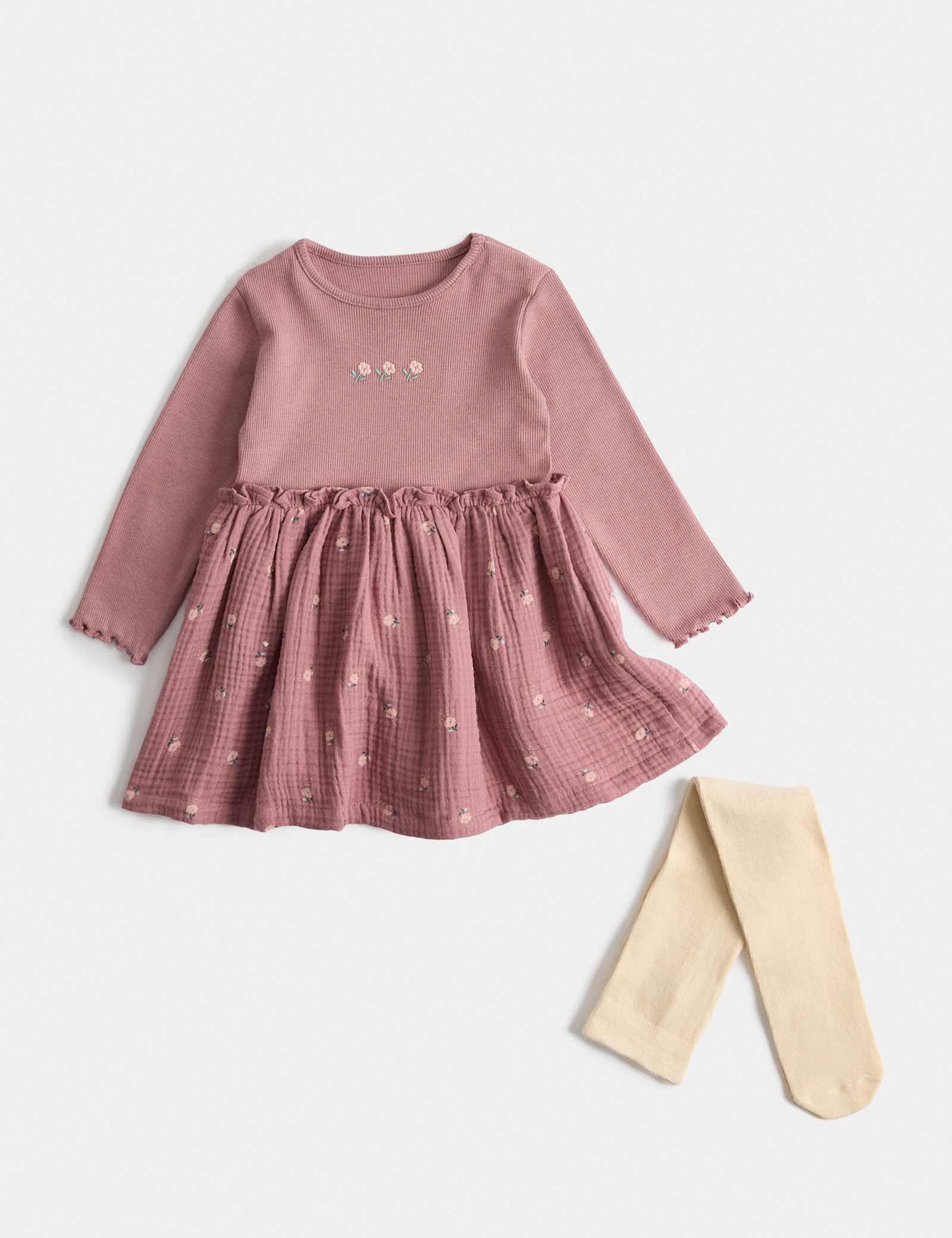 Cotton Rich Dress with Tights (0-5 Yrs) - PINK