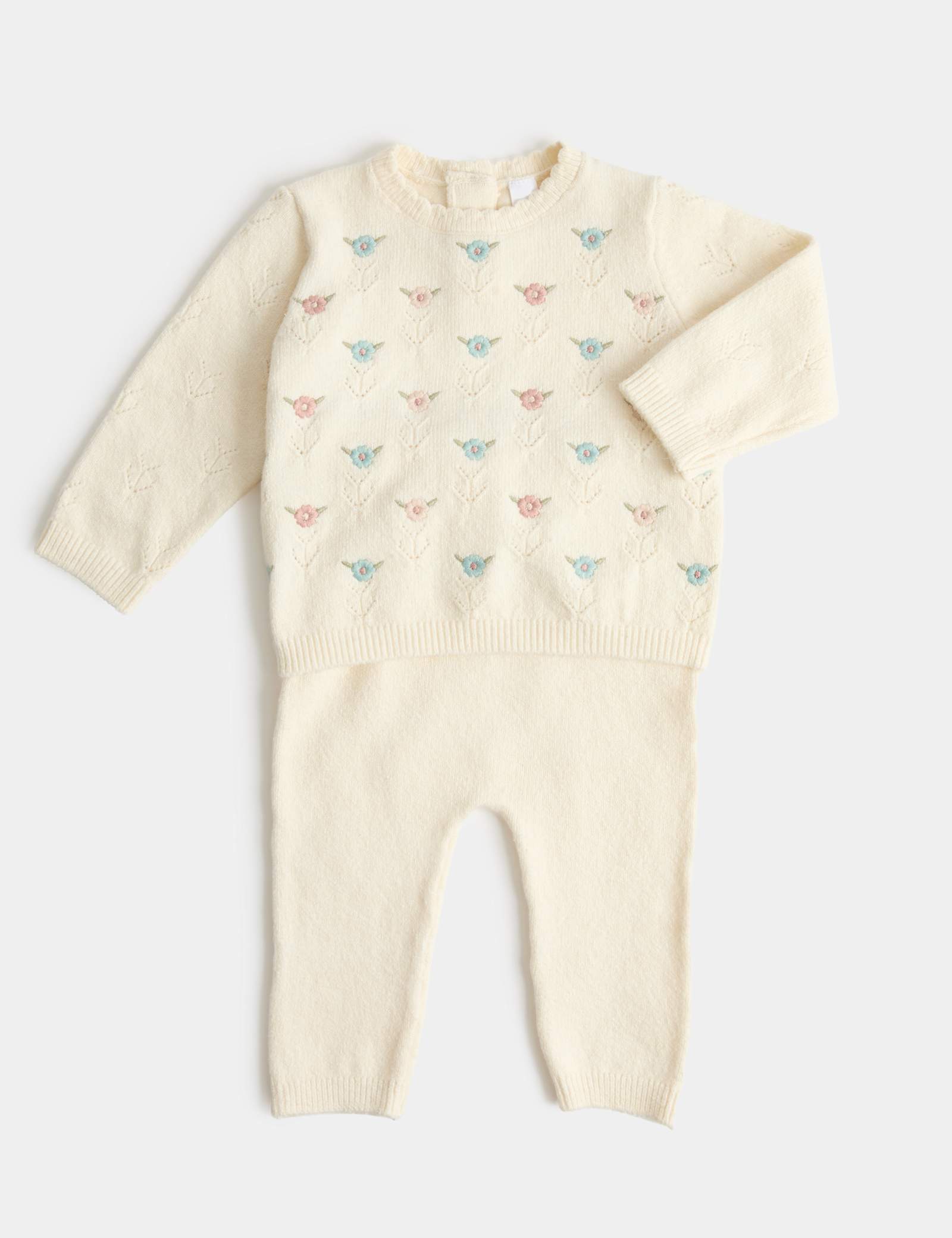 2 Piece Knitted Floral Outfit (0-12 Mths) - LIGHT PINK
