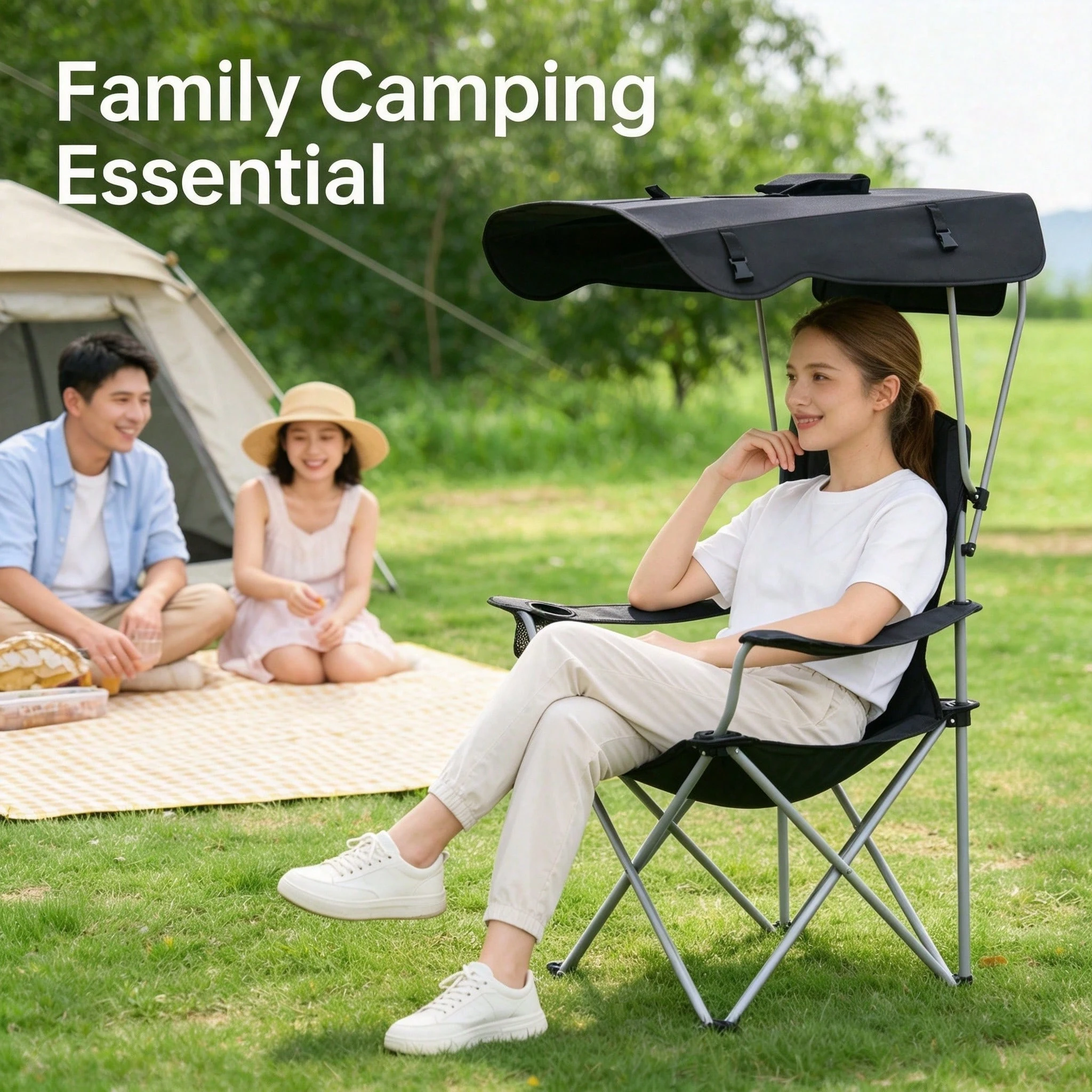 Portable Folding Camping Chair With Adjustable Sun Canopy, Heavy Duty Beach Lawn Chair With Cup Holder Side Pocket, Lightweight Foldable Outdoor Chair For Fishing Picnic Poolside Travel Garden - Camping Chair - View 4