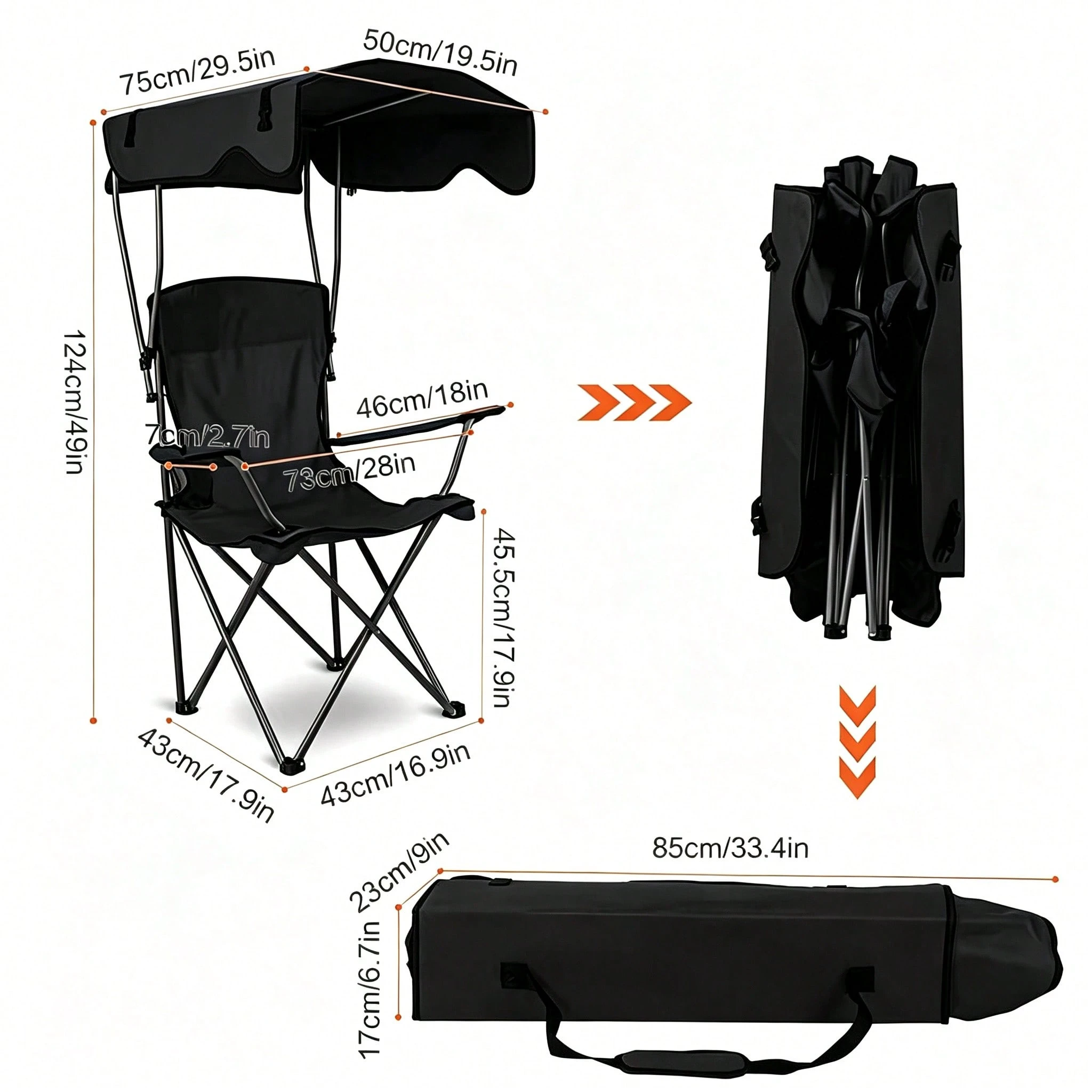 Portable Folding Camping Chair With Adjustable Sun Canopy, Heavy Duty Beach Lawn Chair With Cup Holder Side Pocket, Lightweight Foldable Outdoor Chair For Fishing Picnic Poolside Travel Garden - Camping Chair - View 10