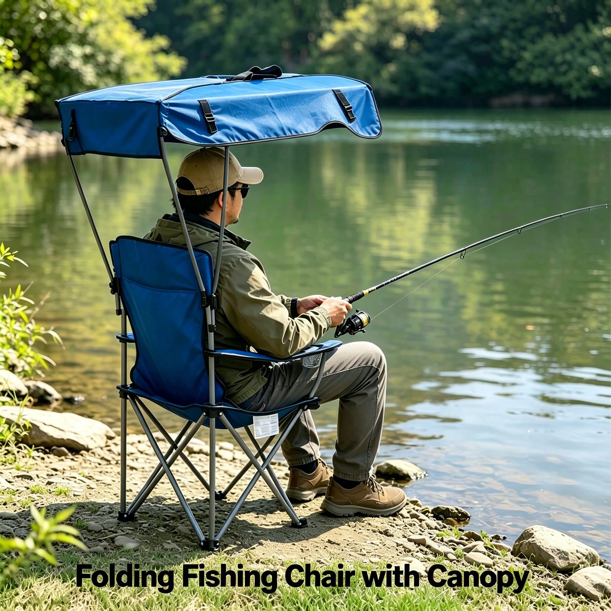 Portable Folding Camping Chair With Adjustable Sun Canopy, Heavy Duty Beach Lawn Chair With Cup Holder Side Pocket, Lightweight Foldable Outdoor Chair For Fishing Picnic Poolside Travel Garden - Camping Chair - View 2