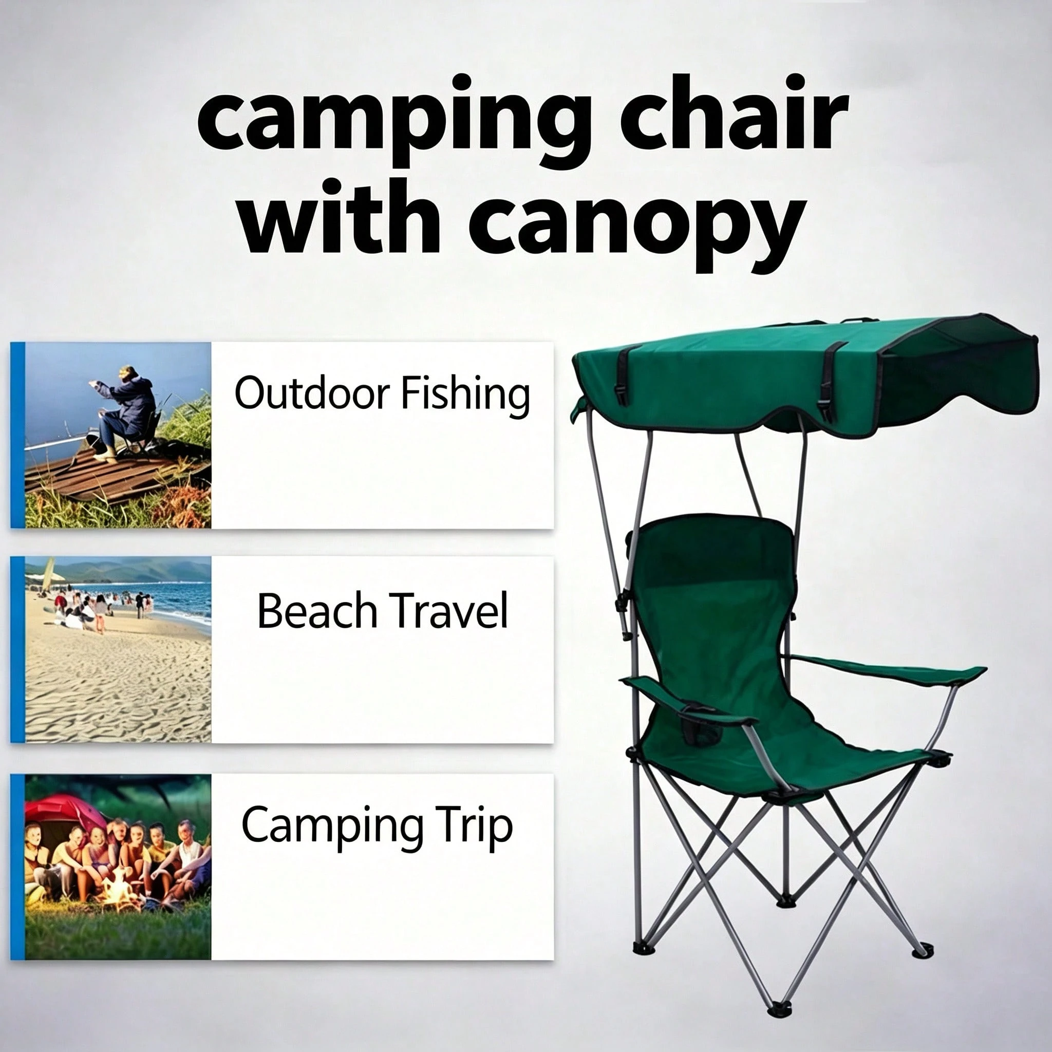 Portable Folding Camping Chair With Adjustable Sun Canopy, Heavy Duty Beach Lawn Chair With Cup Holder Side Pocket, Lightweight Foldable Outdoor Chair For Fishing Picnic Poolside Travel Garden - Camping Chair - View 8
