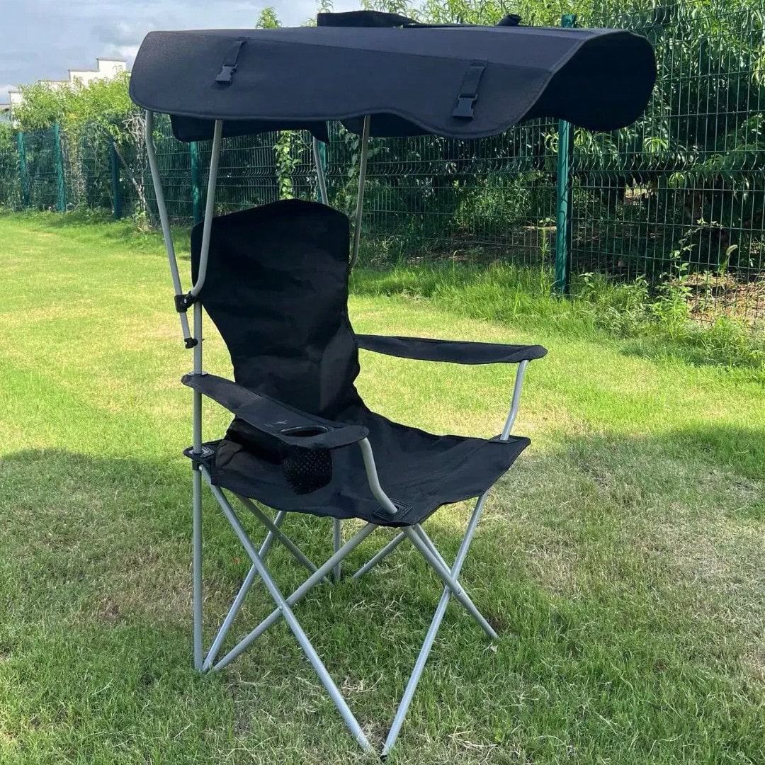 Portable Folding Camping Chair With Adjustable Sun Canopy, Heavy Duty Beach Lawn Chair With Cup Holder Side Pocket, Lightweight Foldable Outdoor Chair For Fishing Picnic Poolside Travel Garden - Camping Chair - View 6