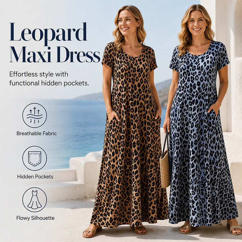 👗Women's Leopard-Print Maxi Dress With Pockets,Casual Sleeve Dress