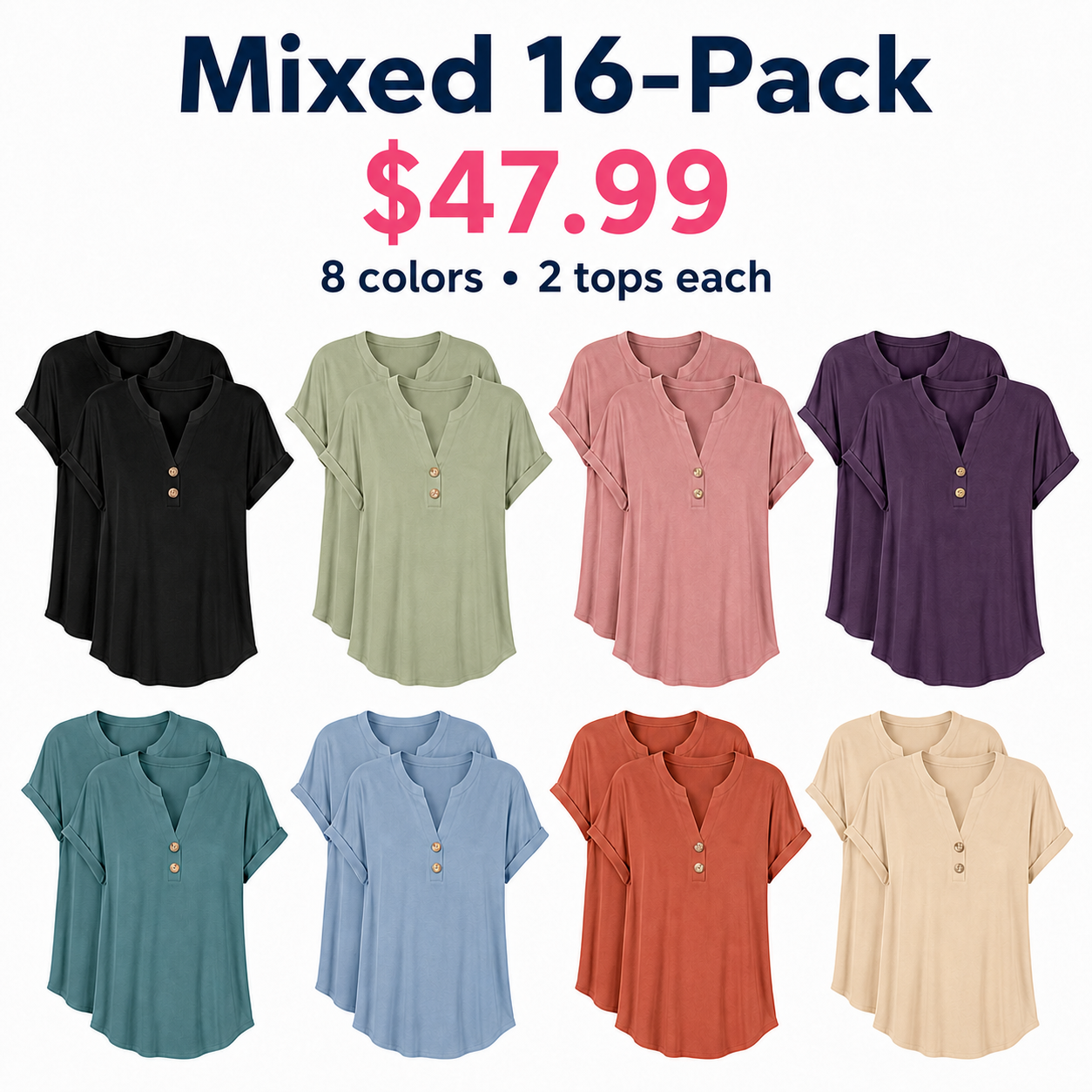 Women's Loose-Fit Henley V-Neck Tunic Top Bundle