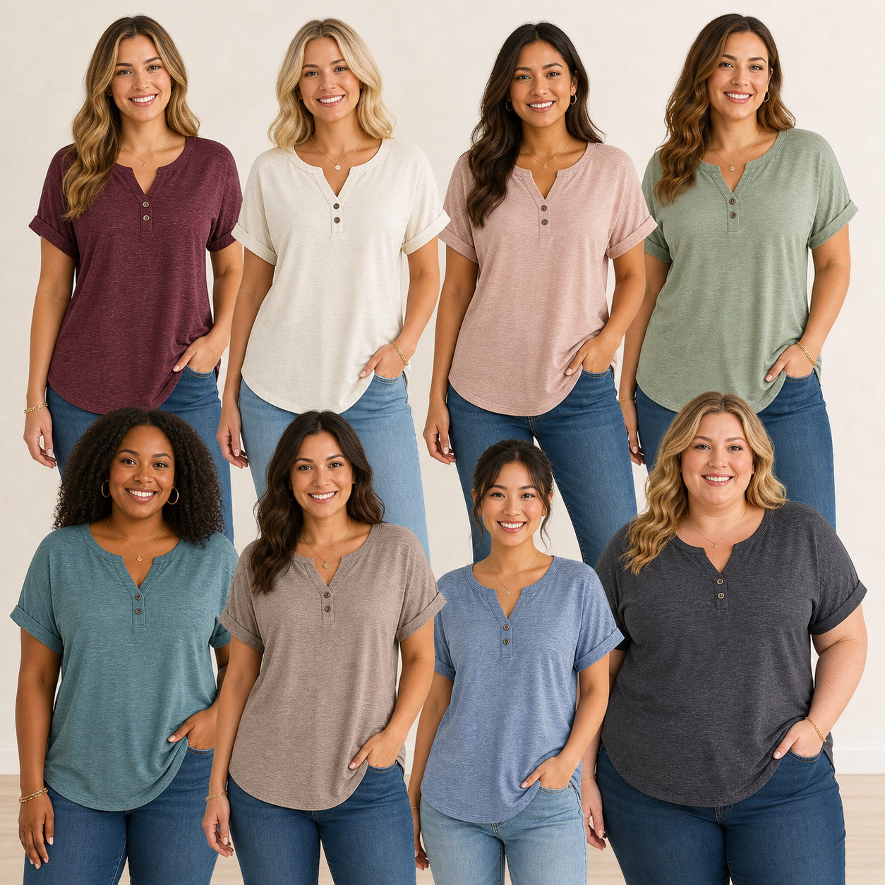 Limited Deal 8-Pack Women's Split V-Neck Two-Button Henley Short Sleeve Relaxed Tee Tops