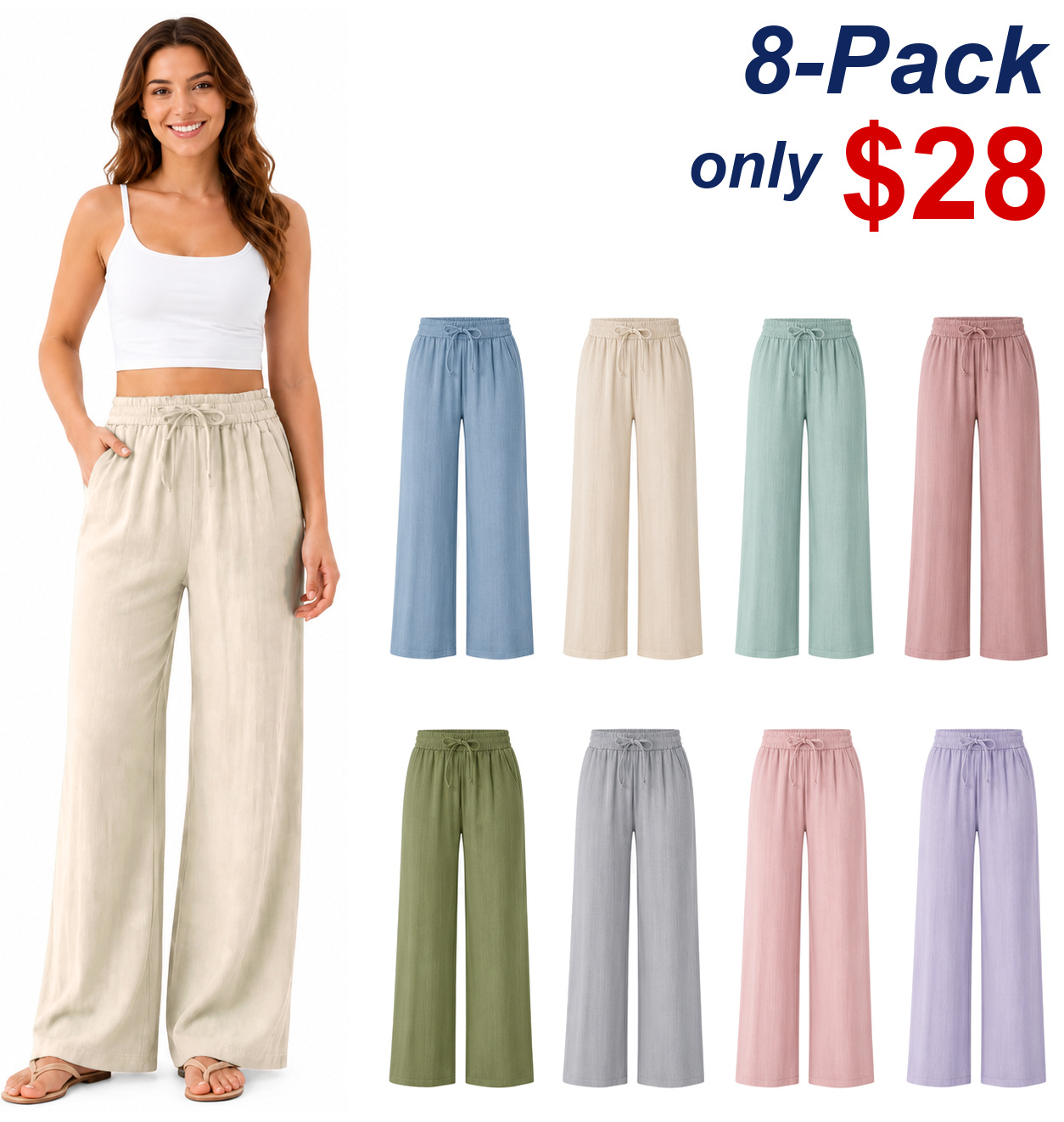 ⚡Women’s High-Waisted Wide-Leg Linen-Feel Pants with Drawstring & Pockets