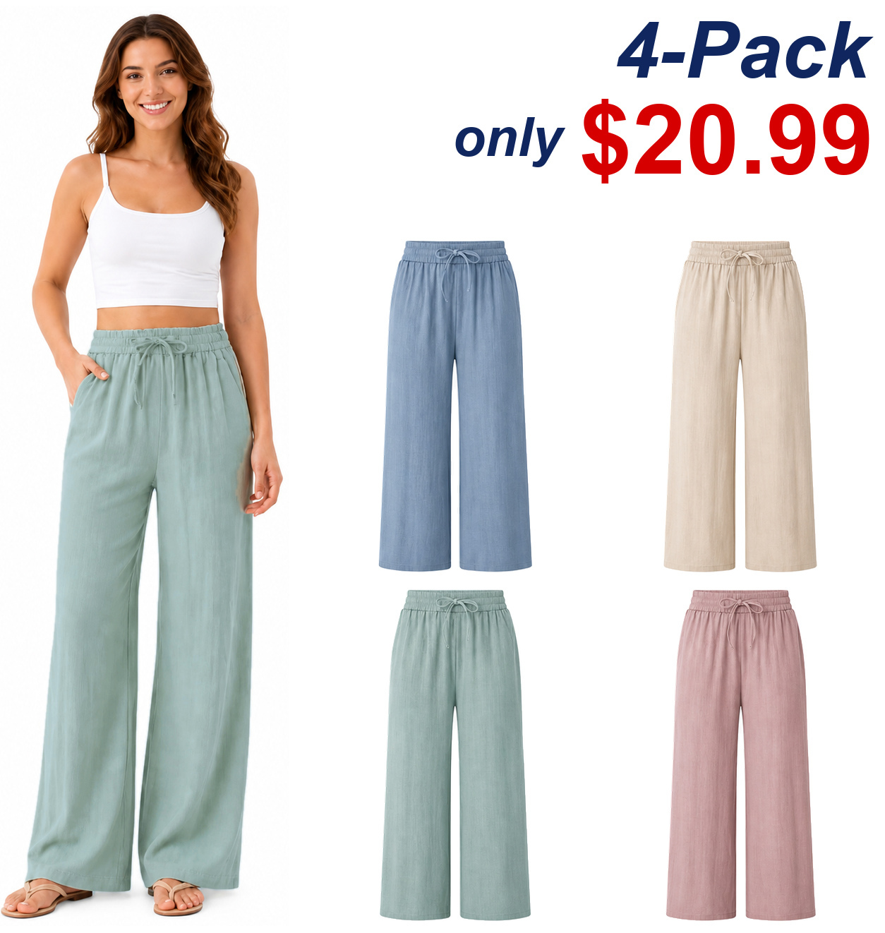 ⚡Women’s High-Waisted Wide-Leg Linen-Feel Pants with Drawstring & Pockets
