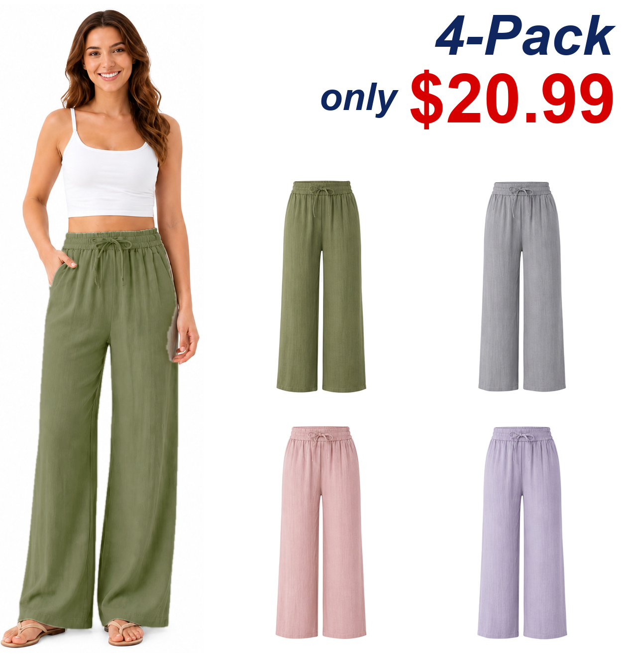 ⚡Women’s High-Waisted Wide-Leg Linen-Feel Pants with Drawstring & Pockets