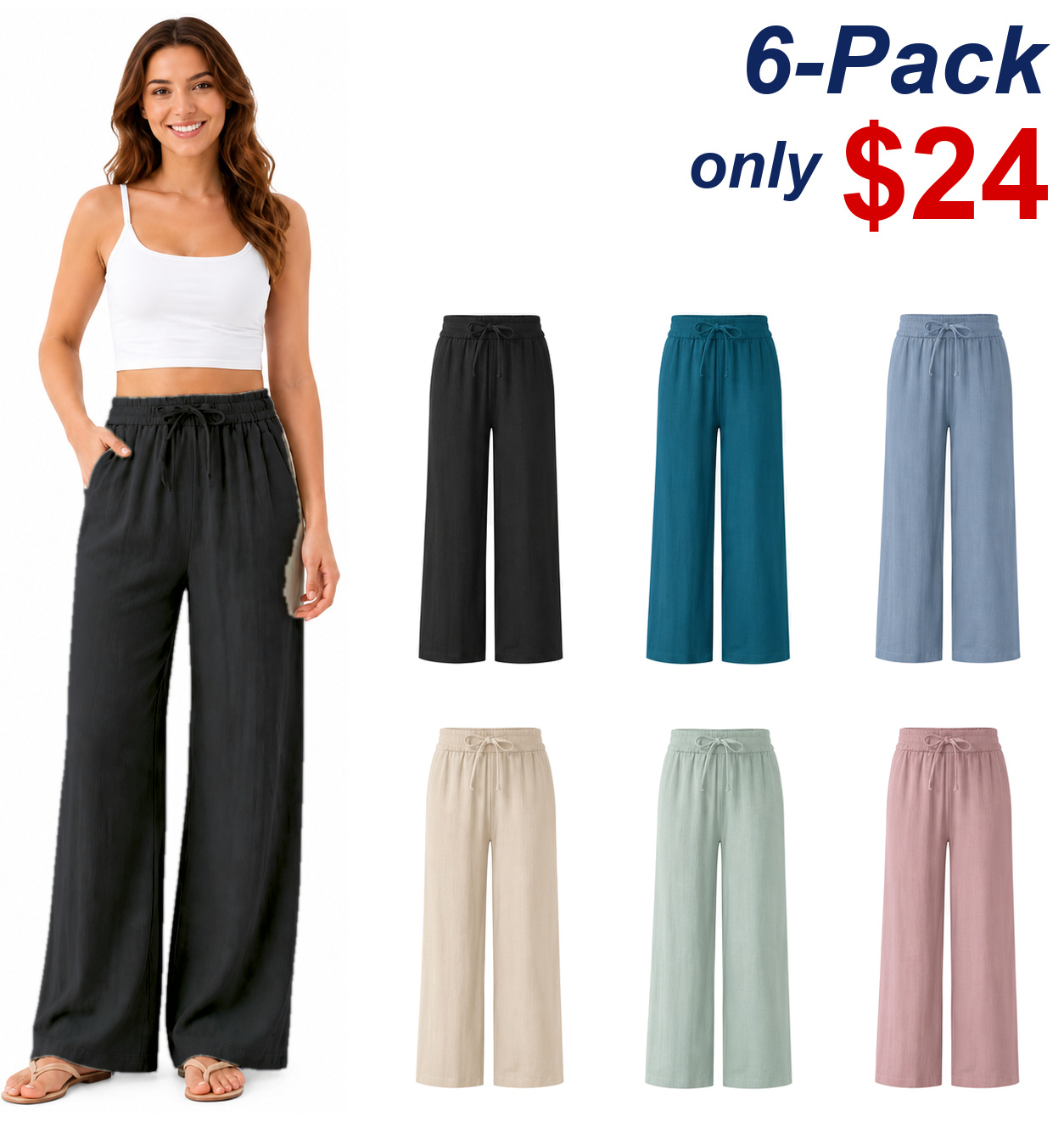 ⚡Women’s High-Waisted Wide-Leg Linen-Feel Pants with Drawstring & Pockets