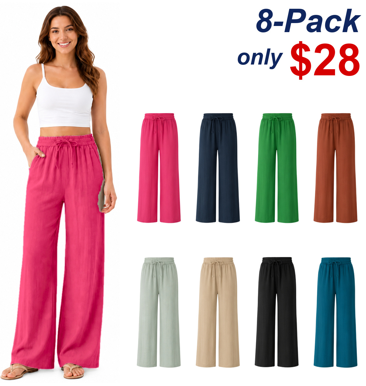 ⚡Women’s High-Waisted Wide-Leg Linen-Feel Pants with Drawstring & Pockets