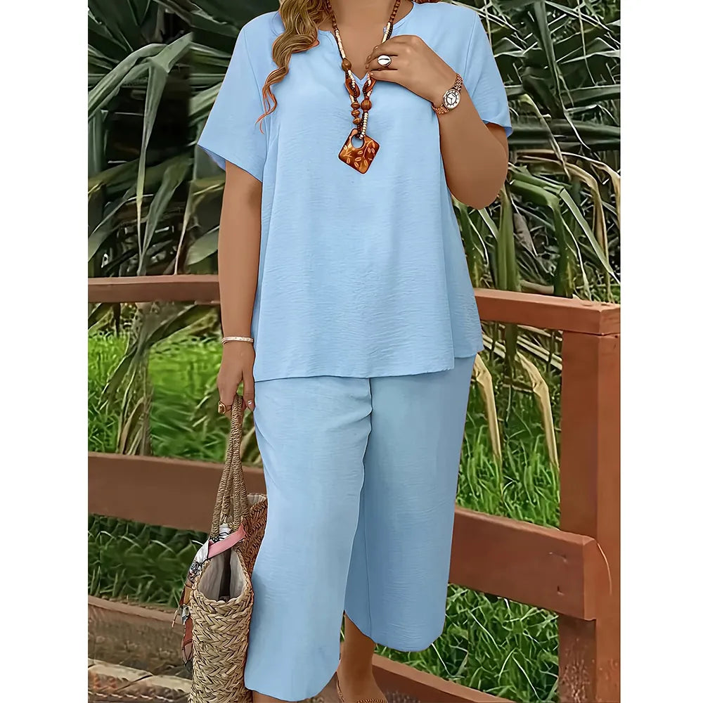 Women’s Casual Solid Short Sleeve Top & Wide Leg Pants 2-Piece Lounge Set