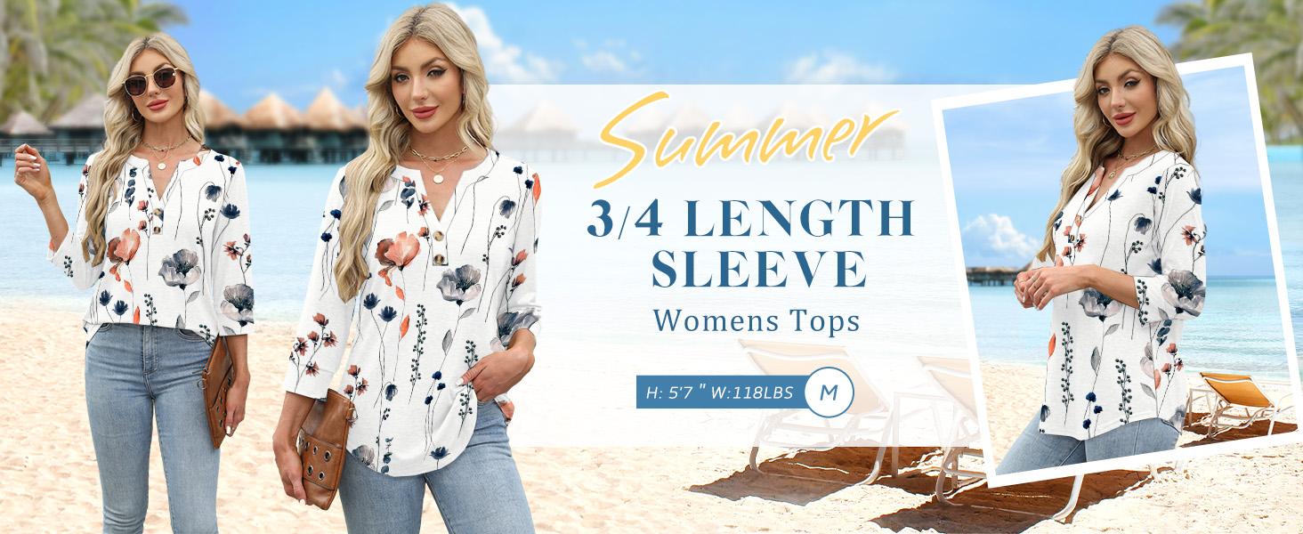 WIHOLL 3/4 Sleeve Tops Summer Outfits for Women Breathable Lightweight Blouses Air Conditioner Friendly Loose Fit Beach Vacation Girls Adjustable