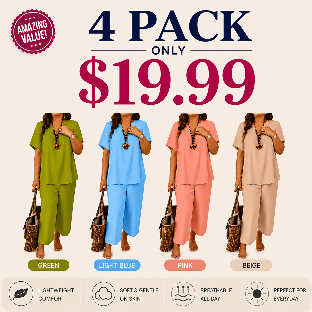 Women’s Casual Solid Short Sleeve Top & Wide Leg Pants 2-Piece Lounge Set