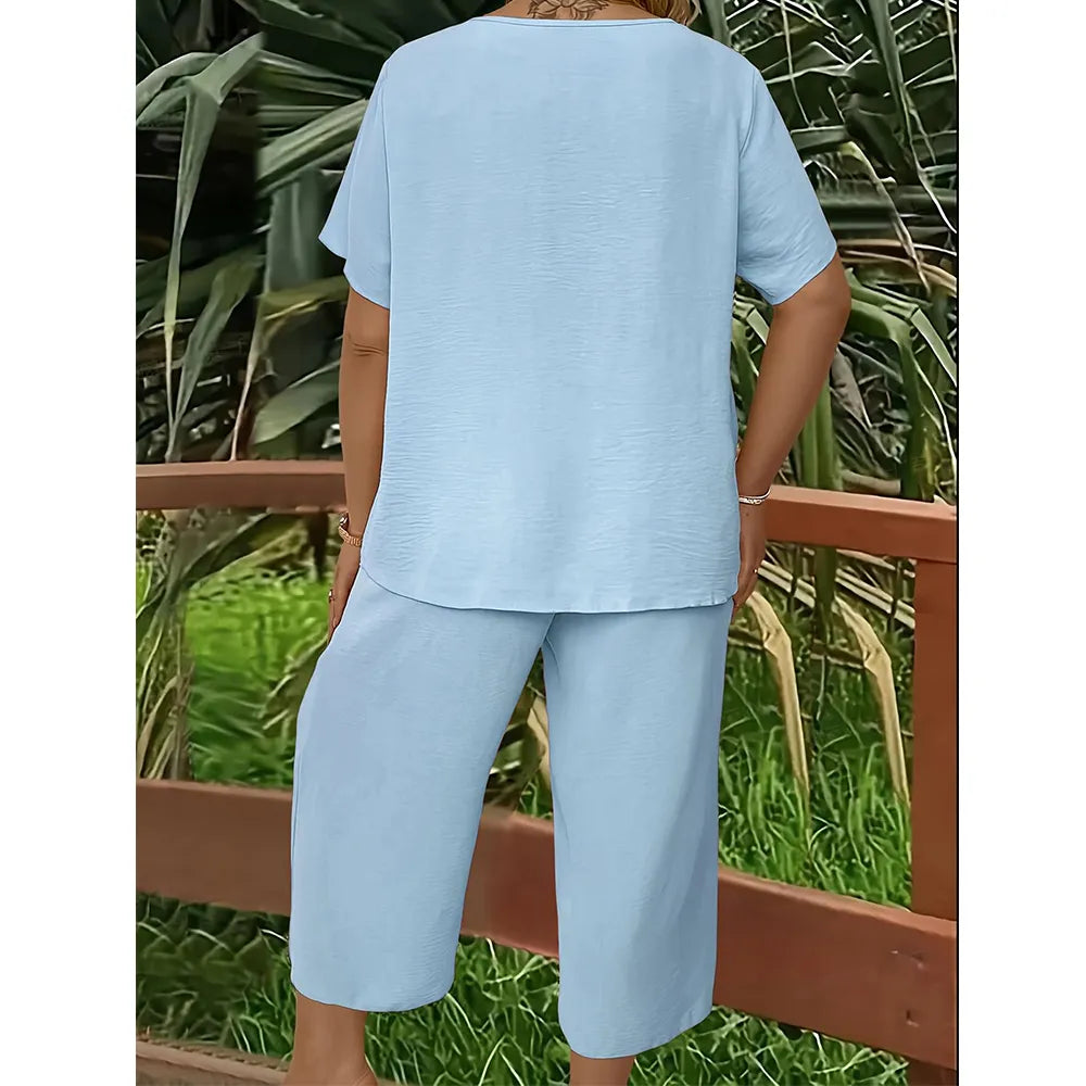 Women’s Casual Solid Short Sleeve Top & Wide Leg Pants 2-Piece Lounge Set