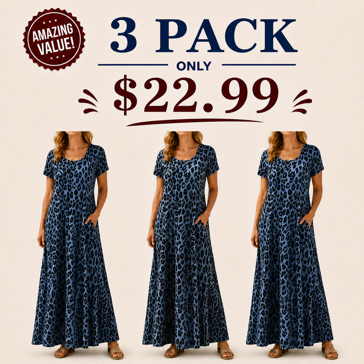 👗Women's Leopard-Print Maxi Dress With Pockets,Casual Sleeve Dress