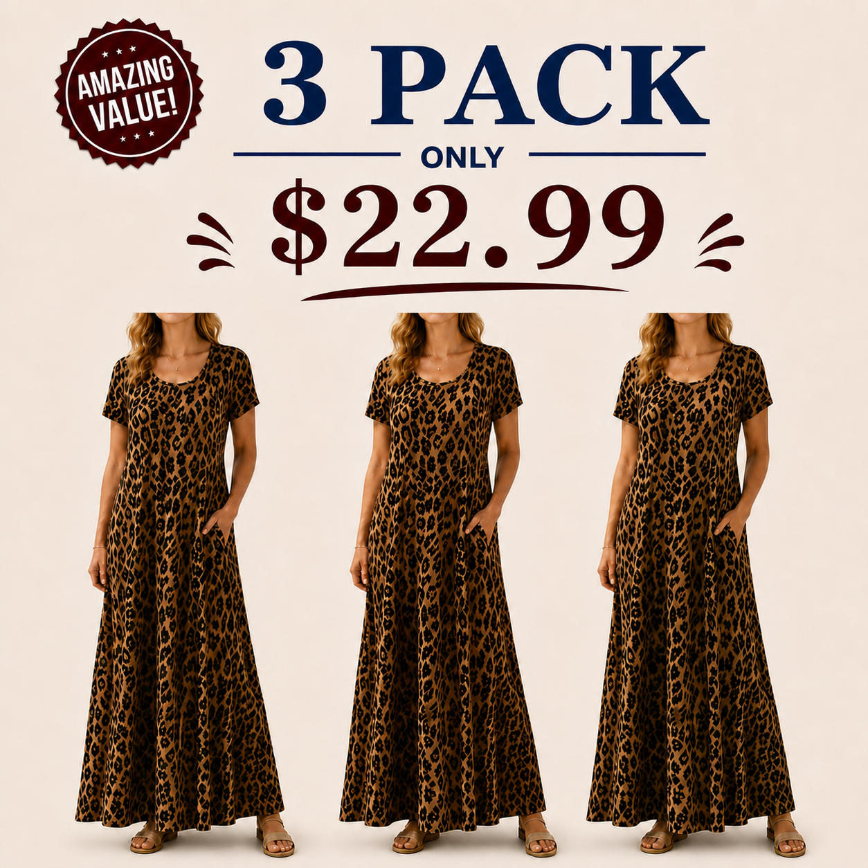 👗Women's Leopard-Print Maxi Dress With Pockets,Casual Sleeve Dress