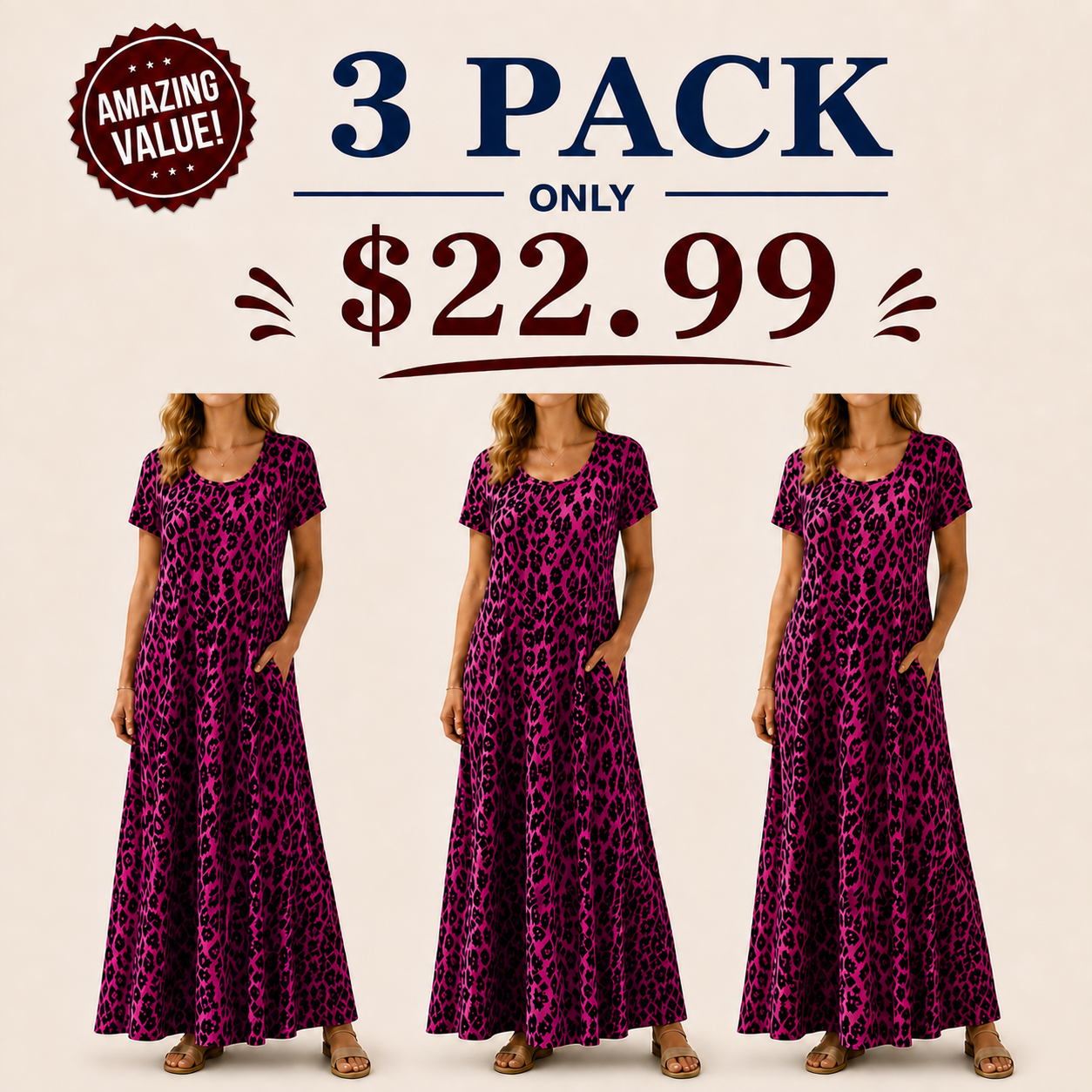 👗Women's Leopard-Print Maxi Dress With Pockets,Casual Sleeve Dress