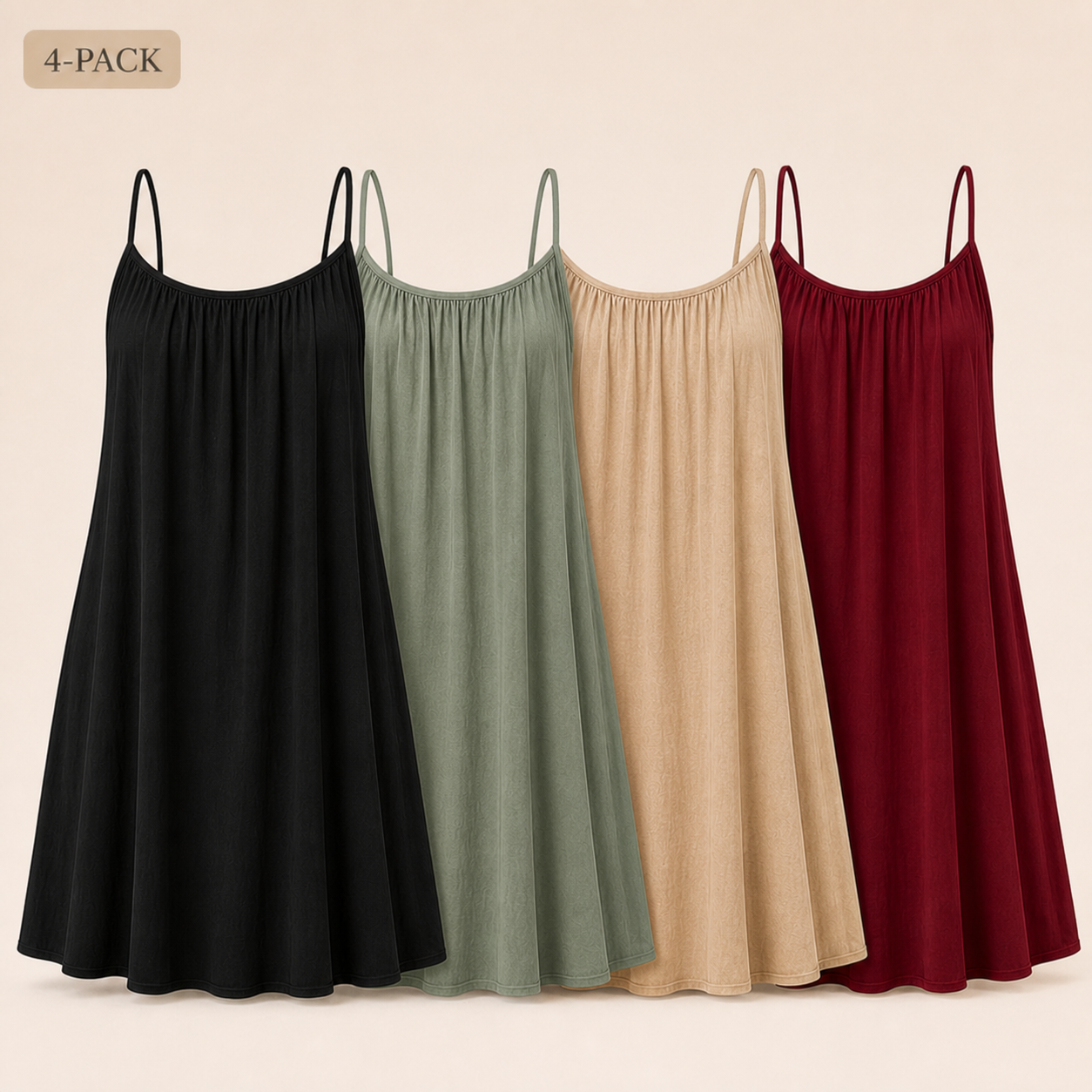 4-Pack flowy strappy lounge dresses in black, sage, beige and wine