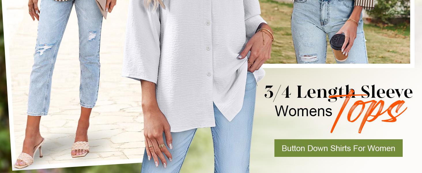 OFEEFAN Women V Neck 3/4 Sleeve Button Down Blouse Loose Business Casual Top Spandex