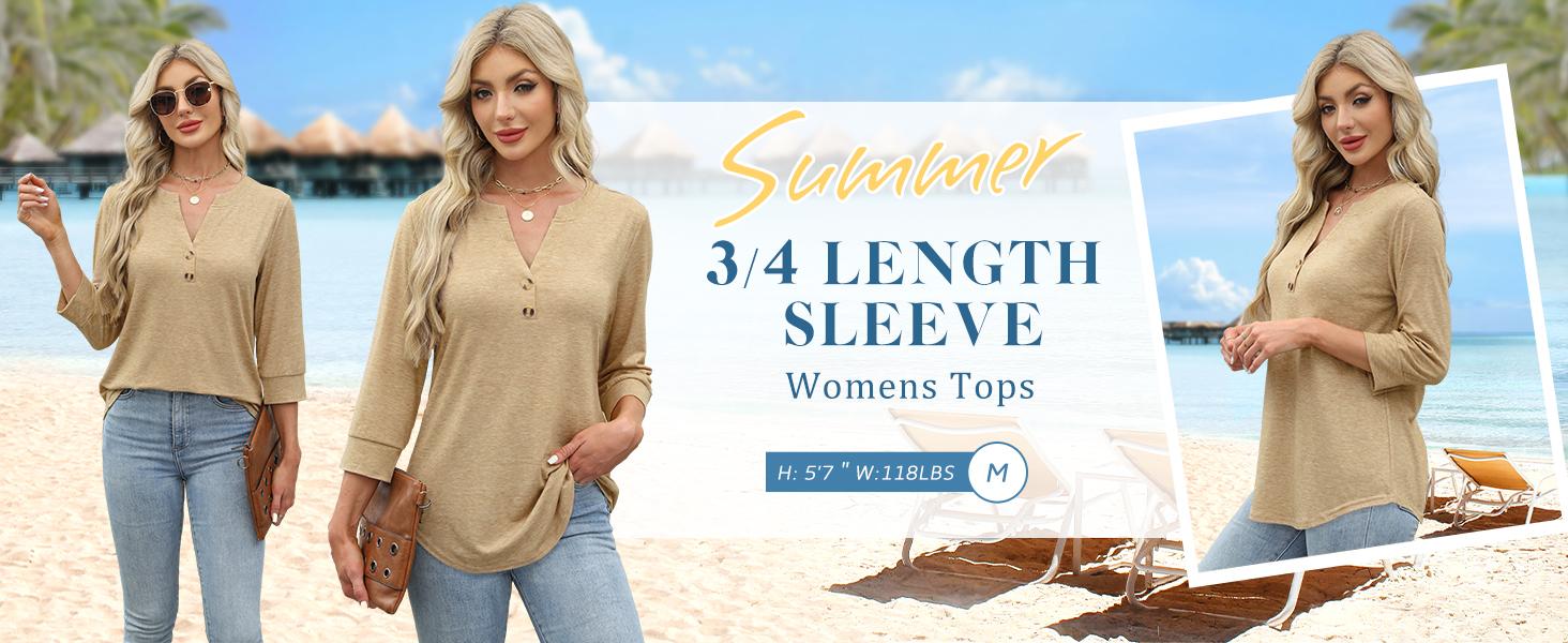 WIHOLL 3/4 Sleeve Tops Summer Outfits for Women Breathable Lightweight Blouses Air Conditioner Friendly Loose Fit Beach Vacation Girls Adjustable