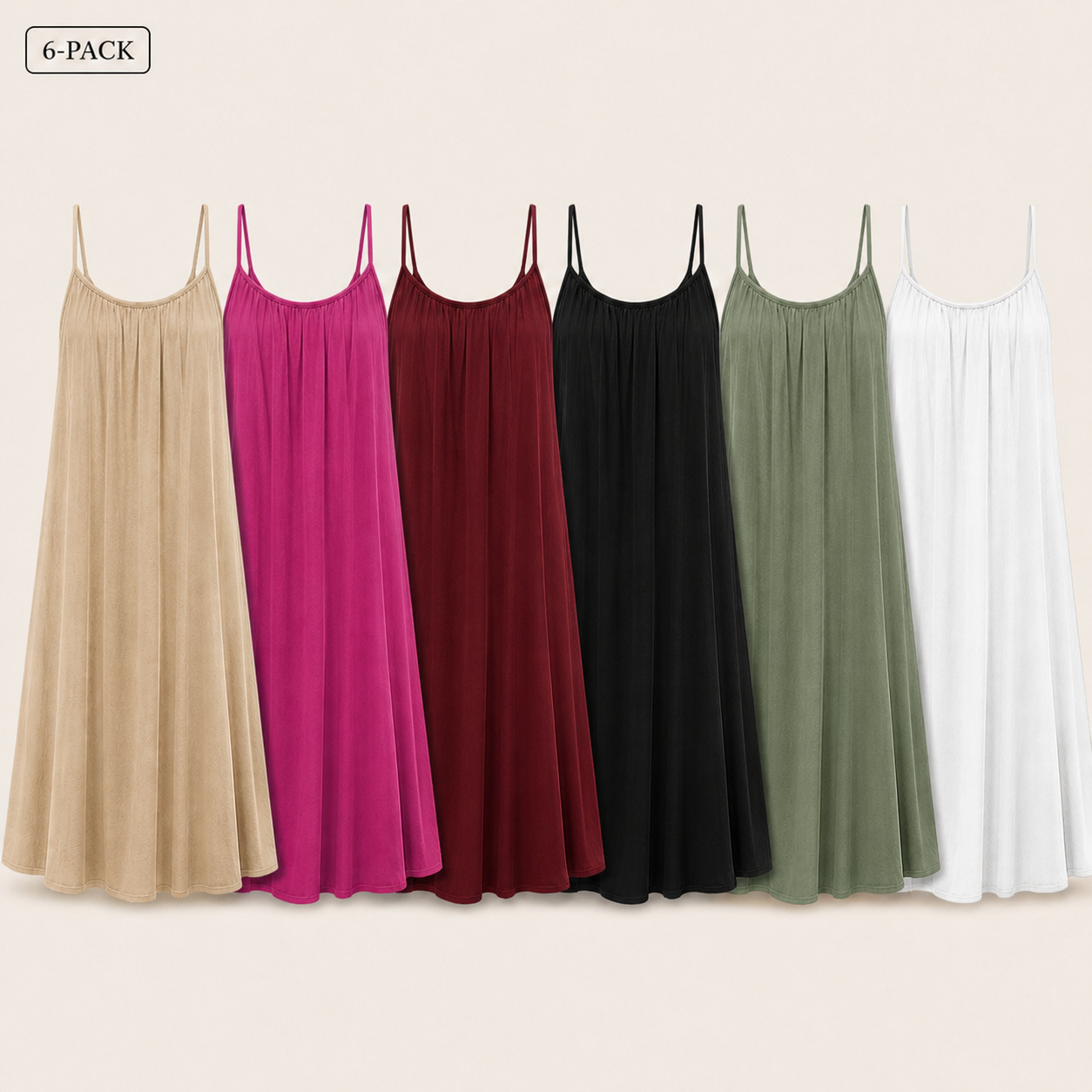 6-Pack flowy strappy lounge dresses in beige, fuchsia, wine, black, sage and white