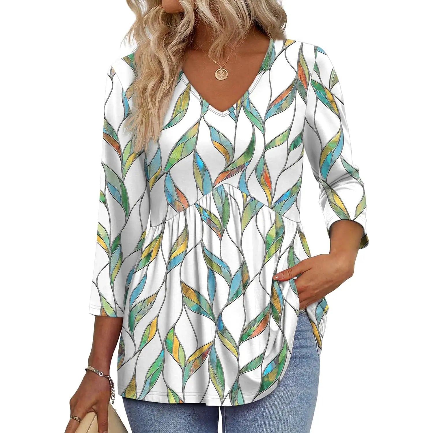 2026 Women’s V-Neck 3/4 Sleeve Tunic Top – Flowy Dressy Casual Blouse