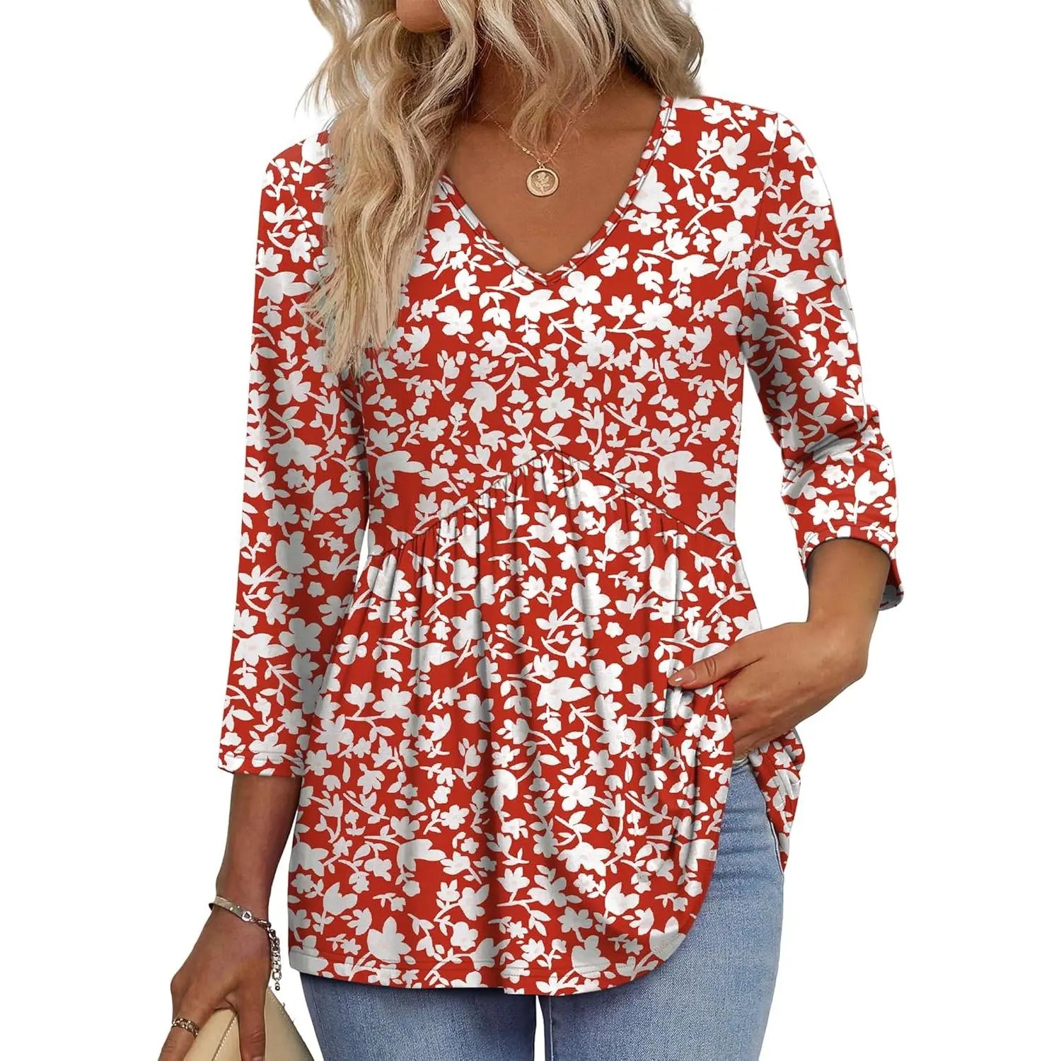 2026 Women’s V-Neck 3/4 Sleeve Tunic Top – Flowy Dressy Casual Blouse
