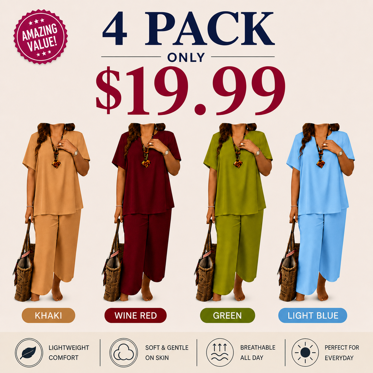 Women’s Casual Solid Short Sleeve Top & Wide Leg Pants 2-Piece Lounge Set