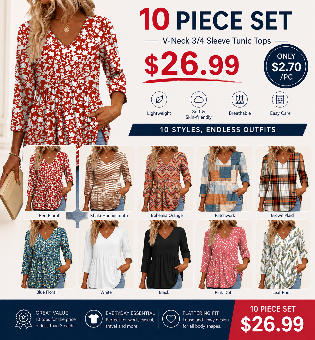 2026 Women’s V-Neck 3/4 Sleeve Tunic Top – Flowy Dressy Casual Blouse