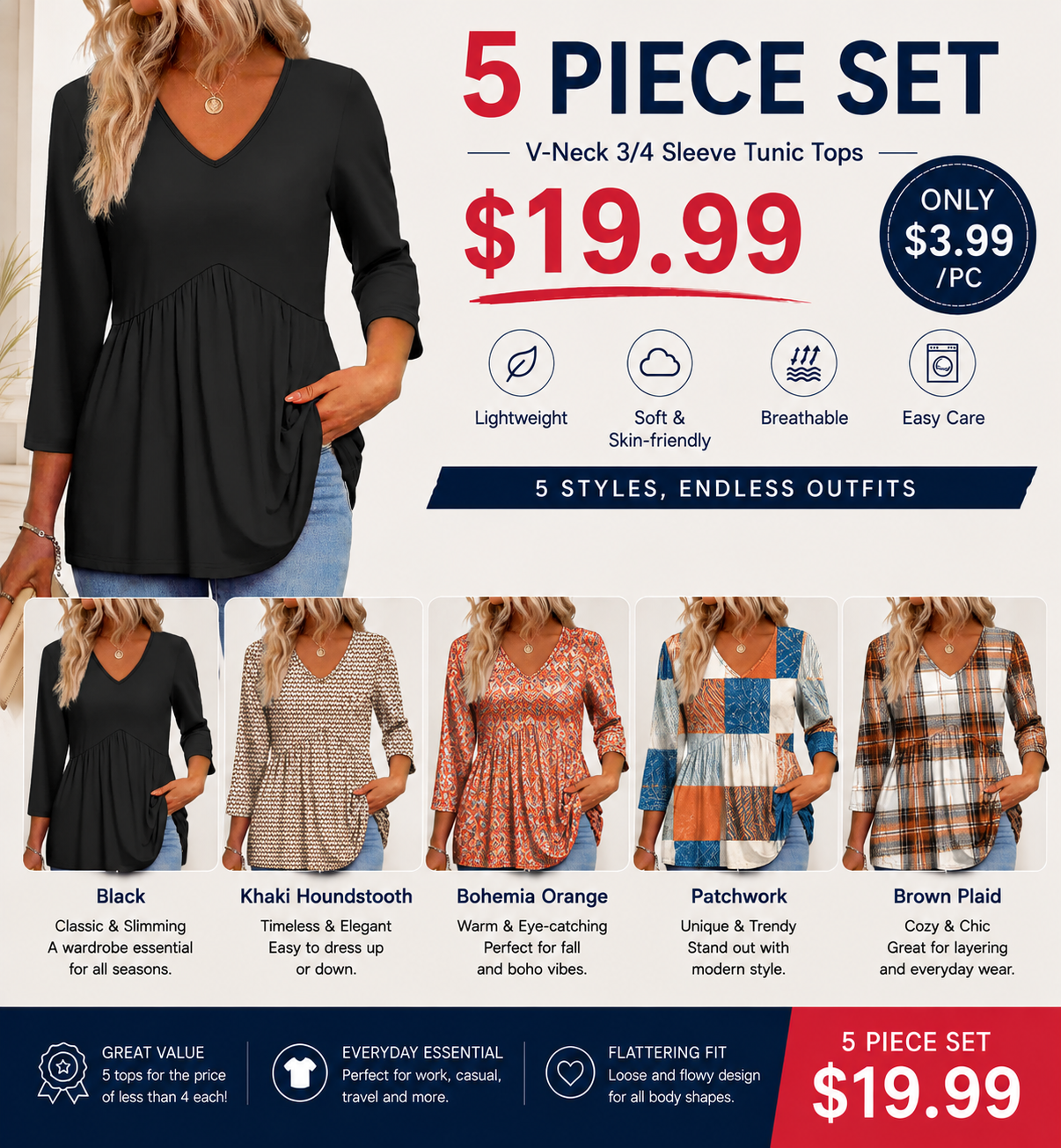 2026 Women’s V-Neck 3/4 Sleeve Tunic Top – Flowy Dressy Casual Blouse