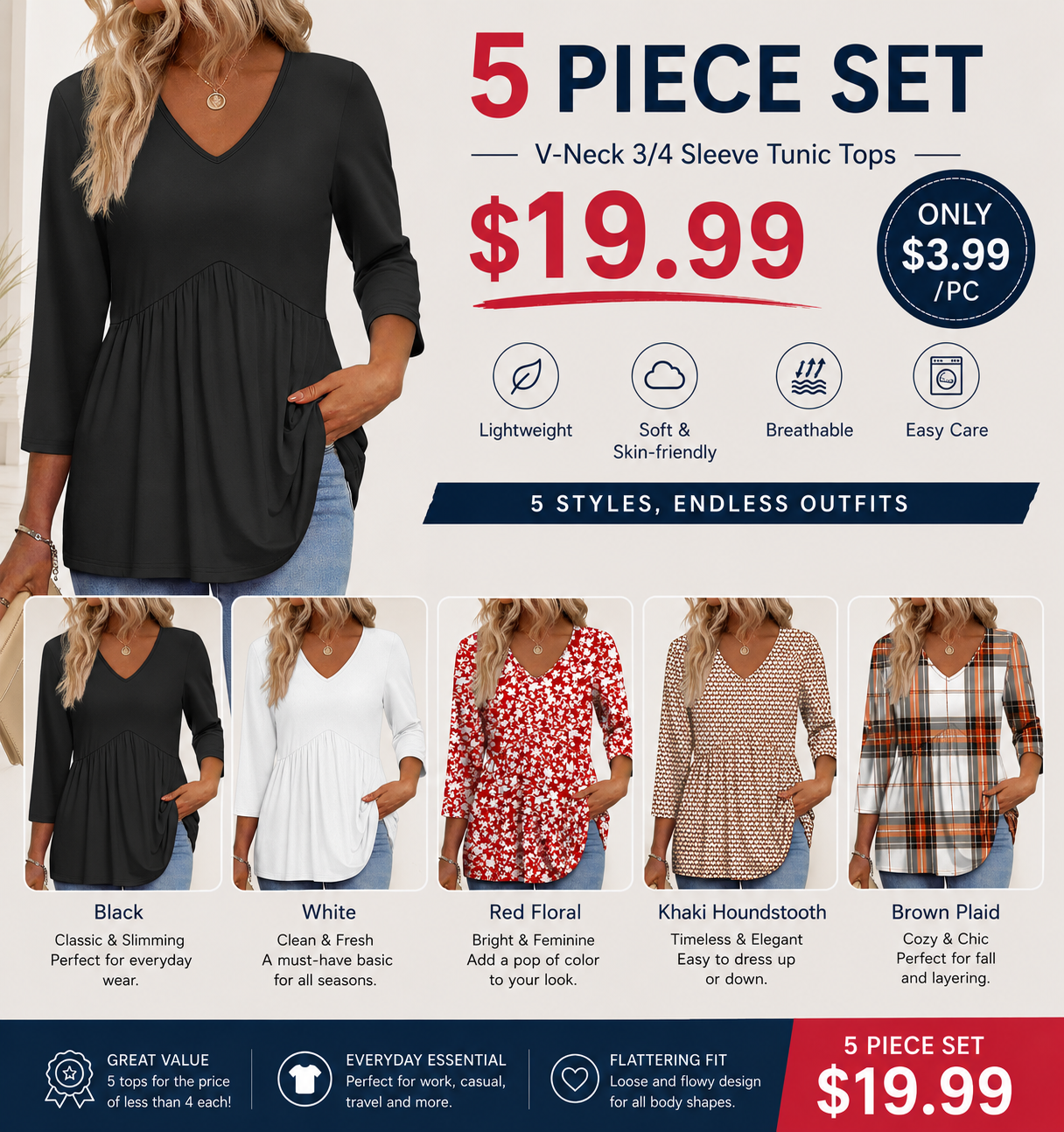 2026 Women’s V-Neck 3/4 Sleeve Tunic Top – Flowy Dressy Casual Blouse