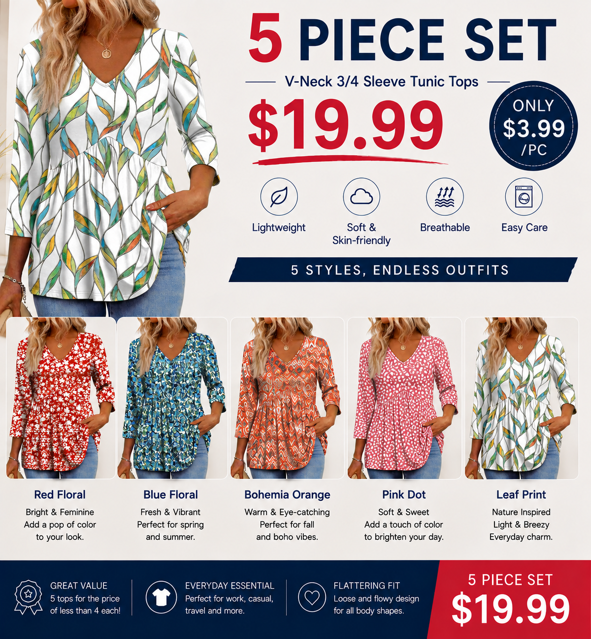 2026 Women’s V-Neck 3/4 Sleeve Tunic Top – Flowy Dressy Casual Blouse