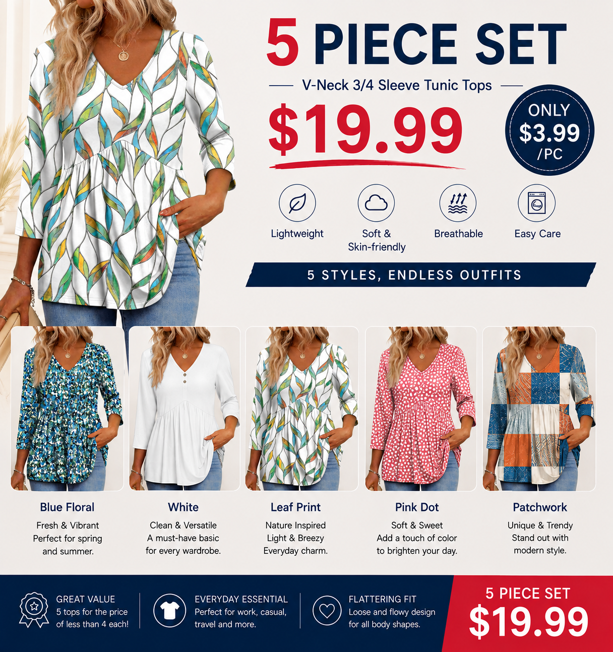 2026 Women’s V-Neck 3/4 Sleeve Tunic Top – Flowy Dressy Casual Blouse