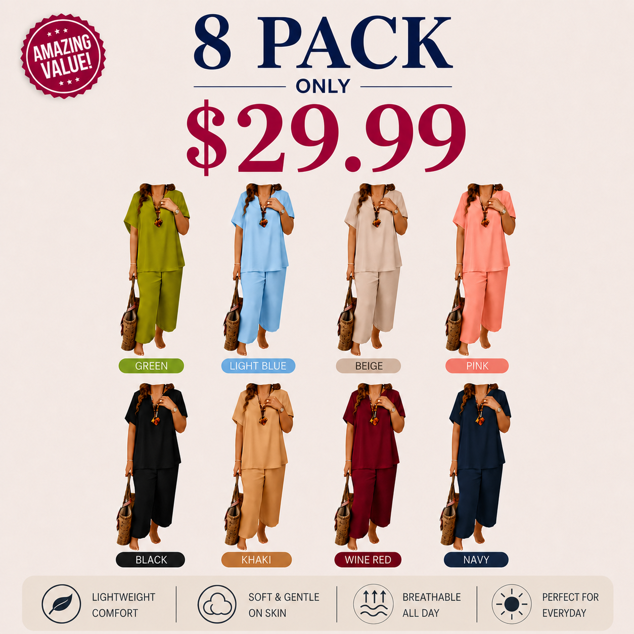 Women’s Casual Solid Short Sleeve Top & Wide Leg Pants 2-Piece Lounge Set