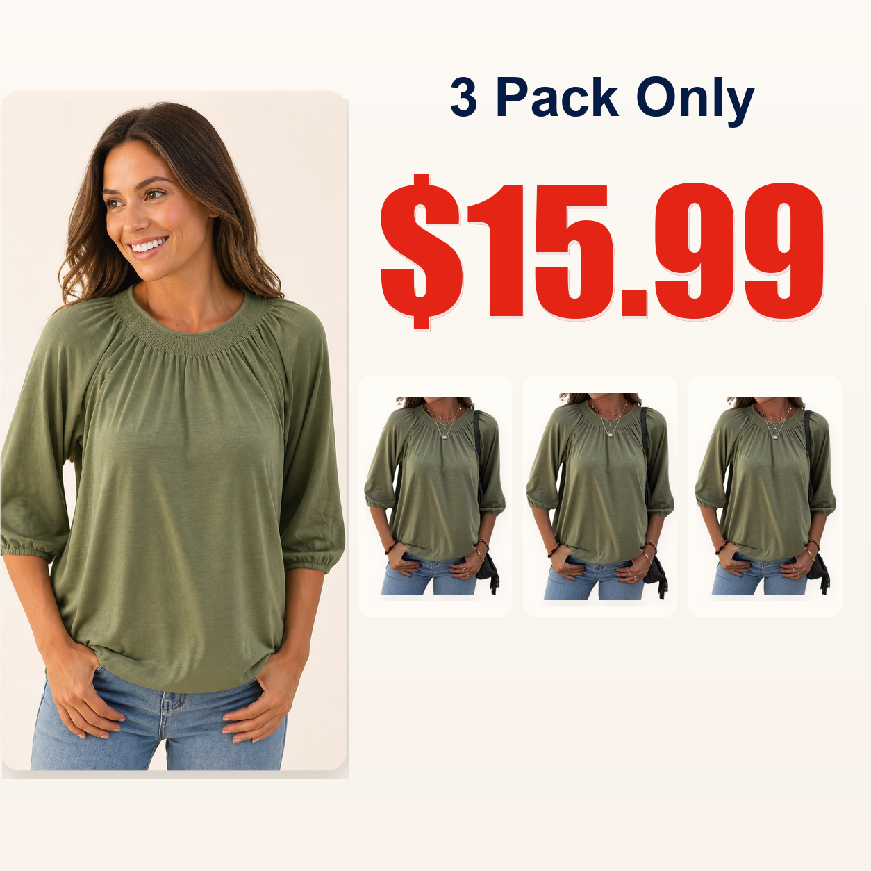 Women's Solid Crew Neck 3/4 Sleeve T Shirt Blouse Cotton