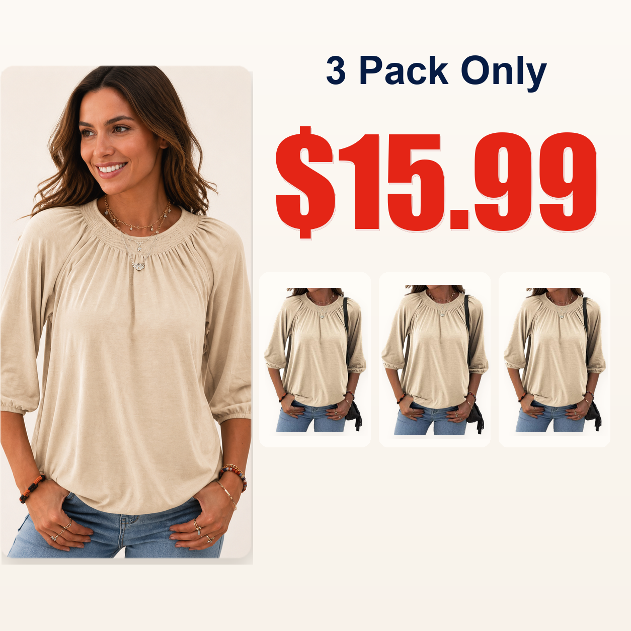 Women's Solid Crew Neck 3/4 Sleeve T Shirt Blouse Cotton
