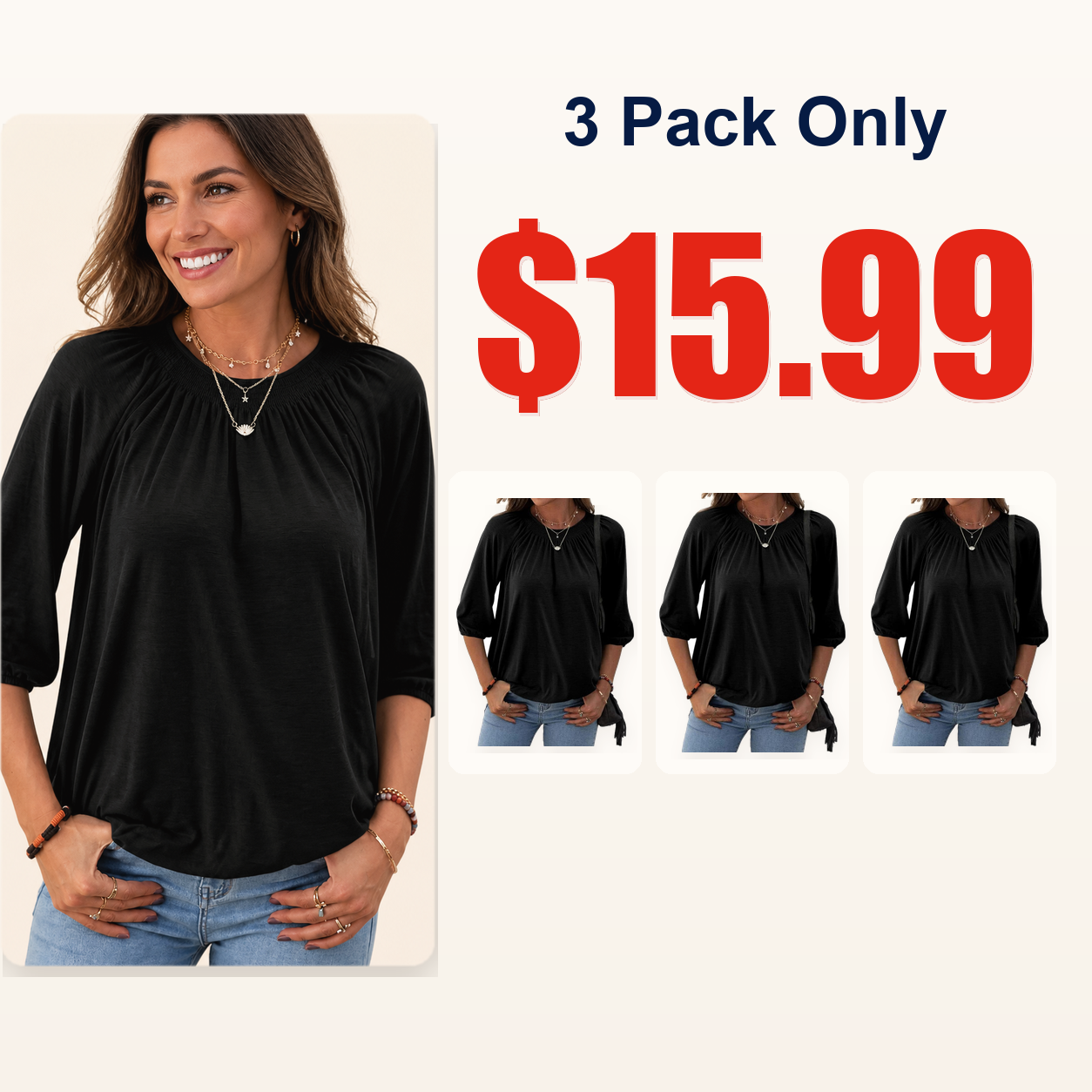 Women's Solid Crew Neck 3/4 Sleeve T Shirt Blouse Cotton