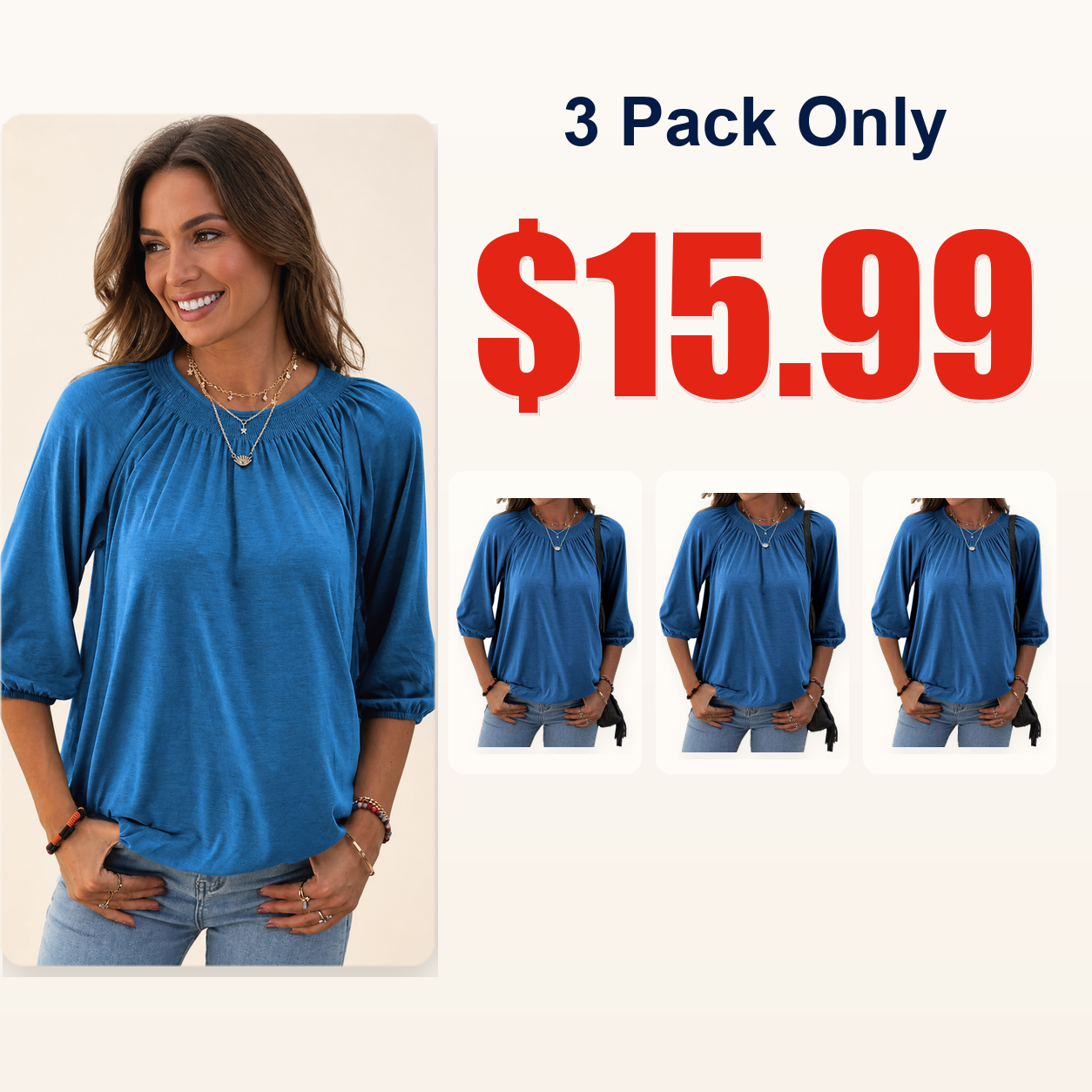 Women's Solid Crew Neck 3/4 Sleeve T Shirt Blouse Cotton