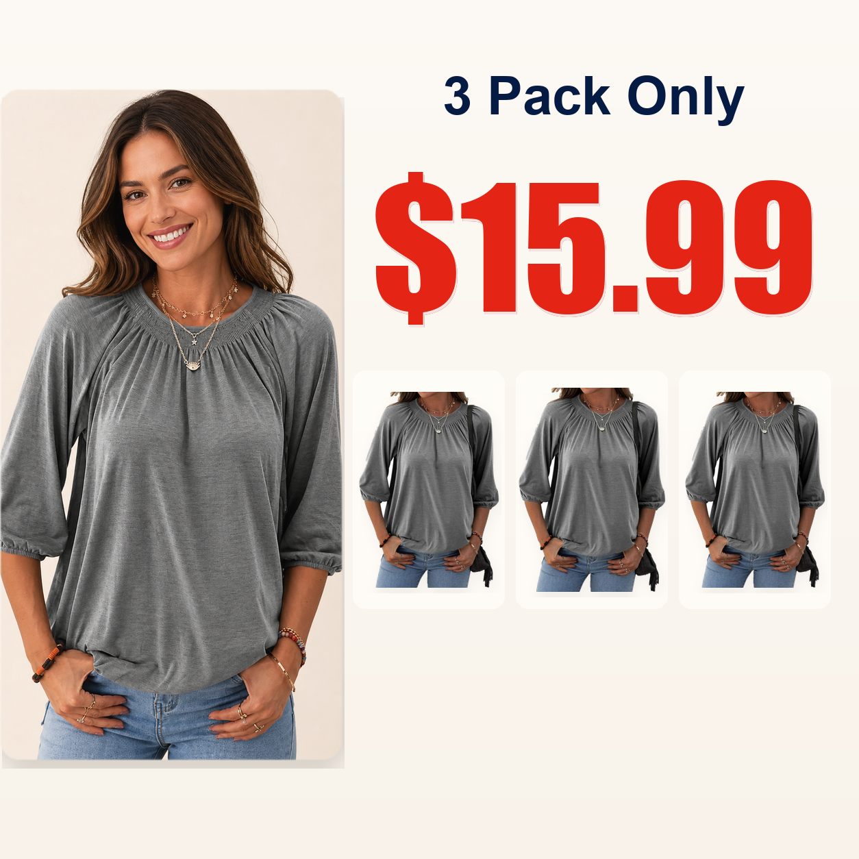 Women's Solid Crew Neck 3/4 Sleeve T Shirt Blouse Cotton