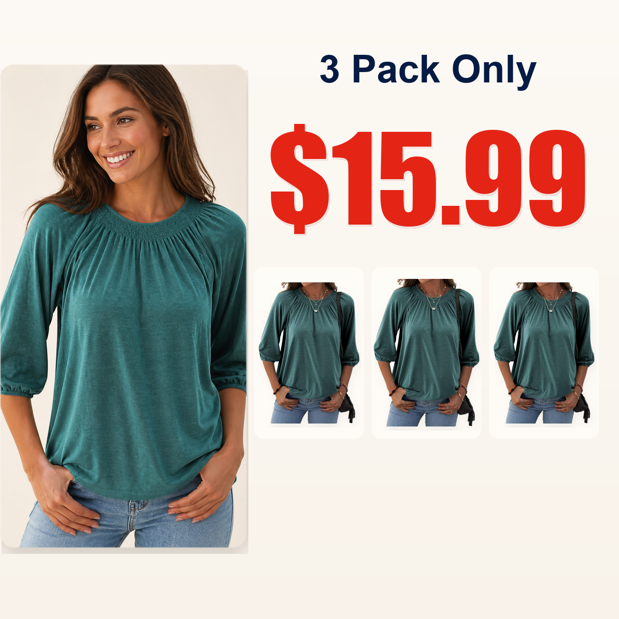 Women's Solid Crew Neck 3/4 Sleeve T Shirt Blouse Cotton