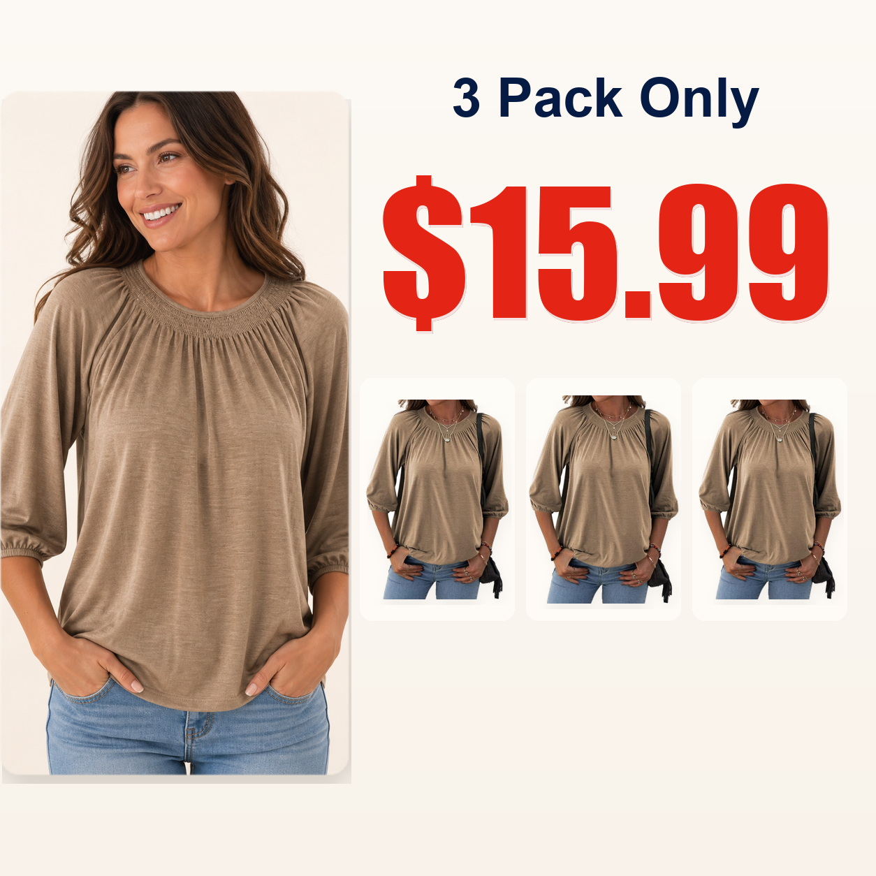 Women's Solid Crew Neck 3/4 Sleeve T Shirt Blouse Cotton
